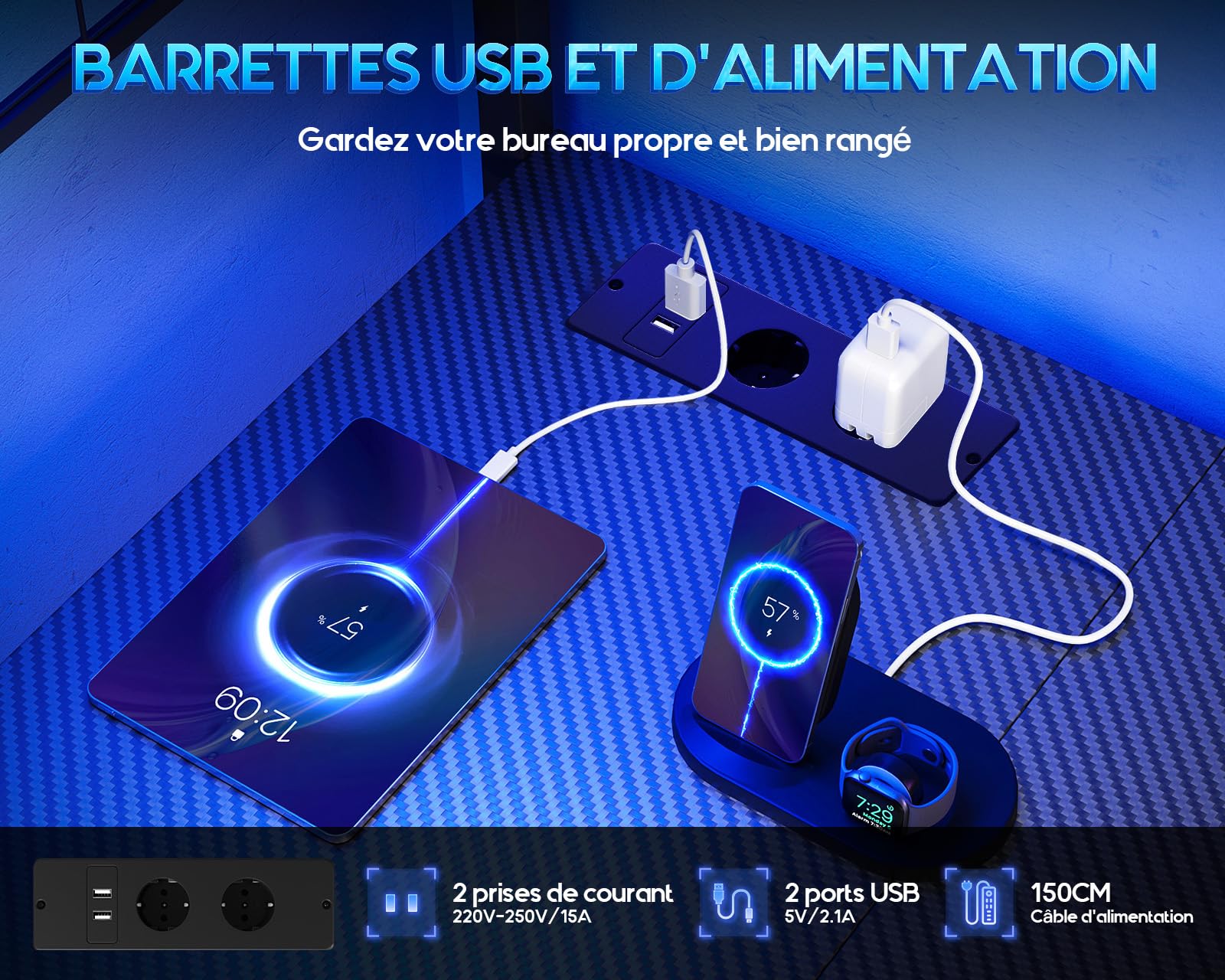 Coleshome Bureau Gaming avec LED, 110 x 80 cm Réversible Table Gaming avec Tiroirs et Prises de Courant, Bureau d'angle avec Compartiment de Rangement (Noir Carbone)