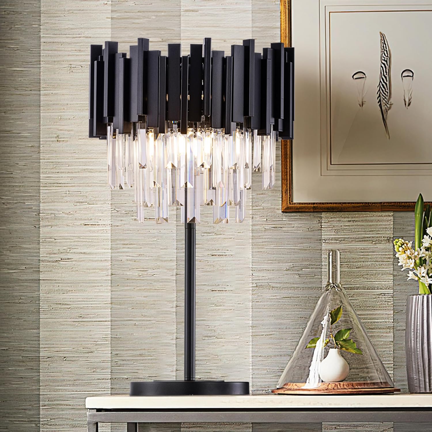 Wellmet Black Crystal Table Lamp,3 Lights Table Lamps for Bedroom,Black Bedside Nightstand Lamps for Living Room,Small Decorative Desk Lamp for Reading Room,Metal Base Clear  Missing base