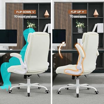 Office Desk Chair,Ergonomic Conference Room Chairs,Mid Back Executive Leather Chair,Comfy Computer Desk Chairs with Adjustable Flip-Up Arms and Rocking Function (Beige)