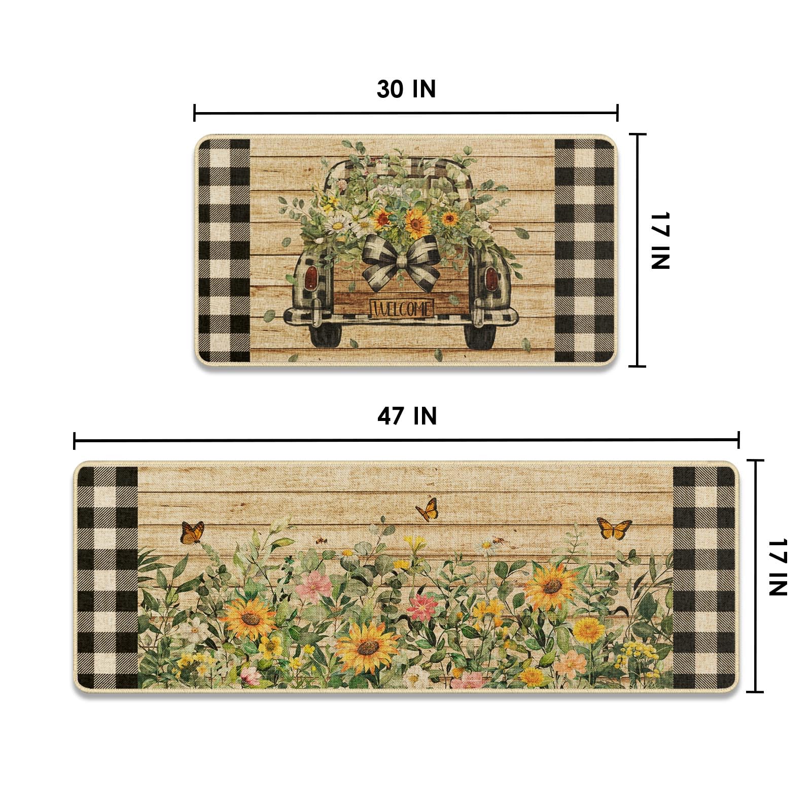 Tayney Summer Sunflower Truck Kitchen Rugs and Mats Non Skid Washable Set of 2, Black and White Buffalo Plaid Mats for Floor, Brown Wooden Runner Rug Farmhouse Rustic Kitchen Decor