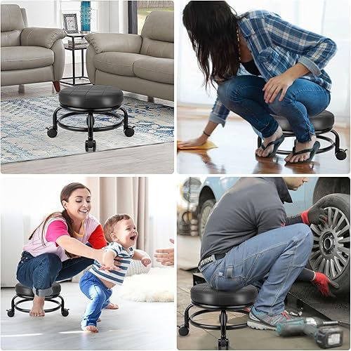 Miniatura 5 de Taburete bajo con ruedas de baja altura, asiento de cuero sintético, silla pequeña, taburetes rodantes redondos para oficina en casa, garaje, tienda