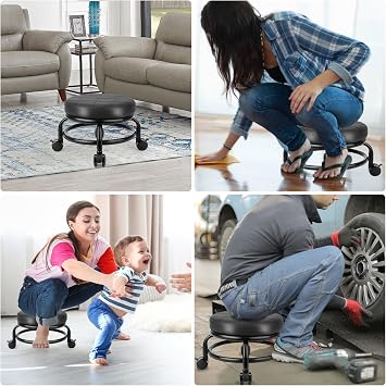 Low Roller Stool Low Height Rolling Stool Seat PU Leather Small Chair Foot Stool Round Rolling Stools for Home Office Garage Shop (Black)