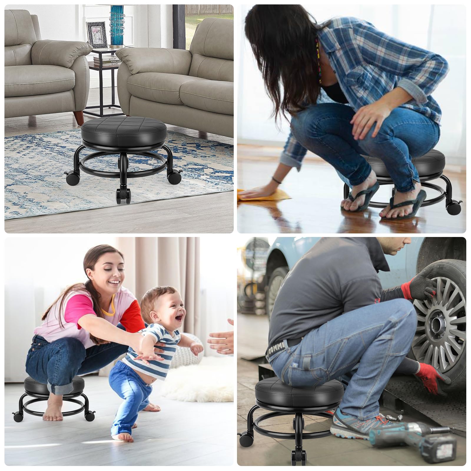 Taburete bajo con ruedas de baja altura, asiento de cuero sintético, silla pequeña, taburetes rodantes redondos para oficina en casa, garaje, tienda (negro) 4