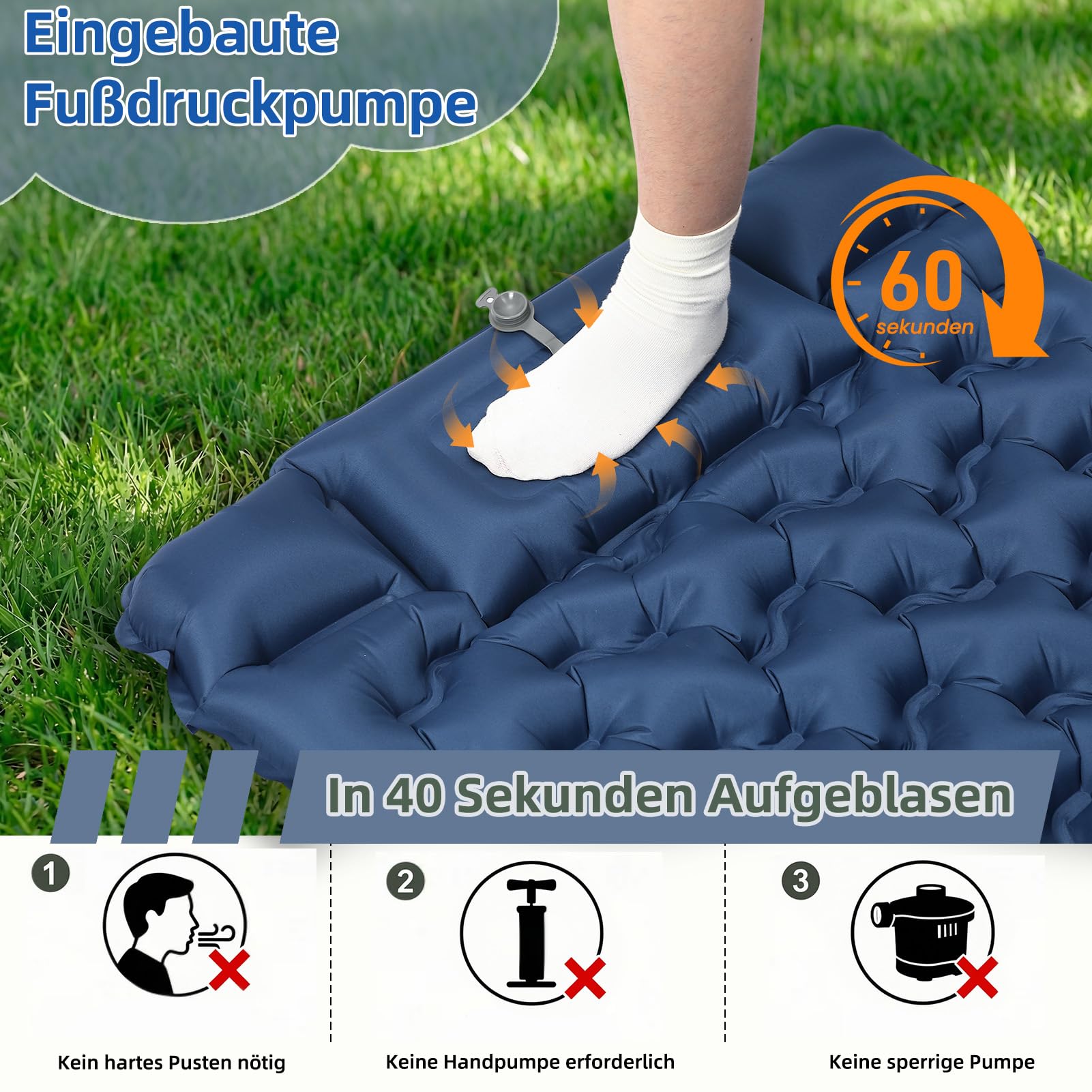 Materassino da campeggio oversize – Materasso gonfiabile ultraleggero extra largo e lungo 197 x 80 x 10 cm, con pompa a pedale e cuscino integrato in TPU 40D, piccolo ingombro per esterni e tenda (blu
