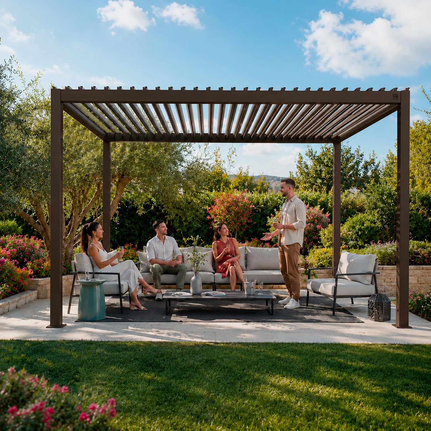 Pergola Bioclimatica 3x4 Metri Gazebo Con Copertura A Lamelle Orientabili Sistema Di Drenaggio Struttura In Alluminio E Acciaio Anti UV Per Giardino Terrazza E Piscina Marrone Opaco