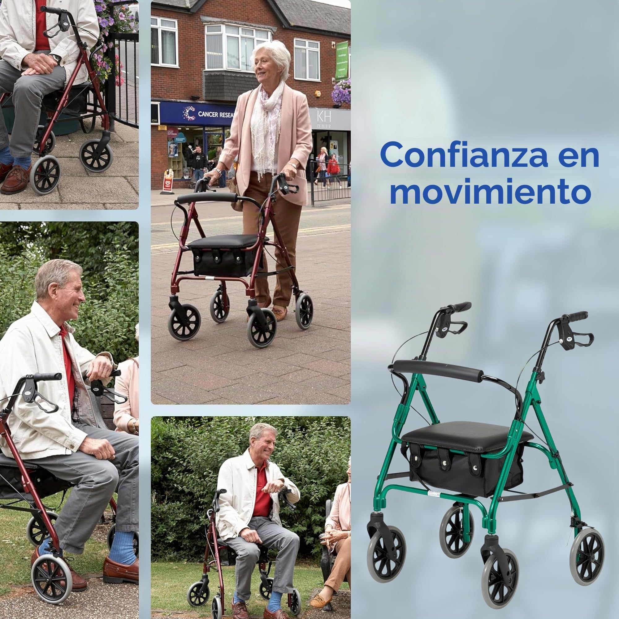 Days Andador de Cuatro Ruedas Ligero y Plegable con Asiento Acolchado, Frenos de Bloqueo, Mangos Ergonómicos y Bolsa de Transporte, Ayudas A la Movilidad, Mediano, Azul