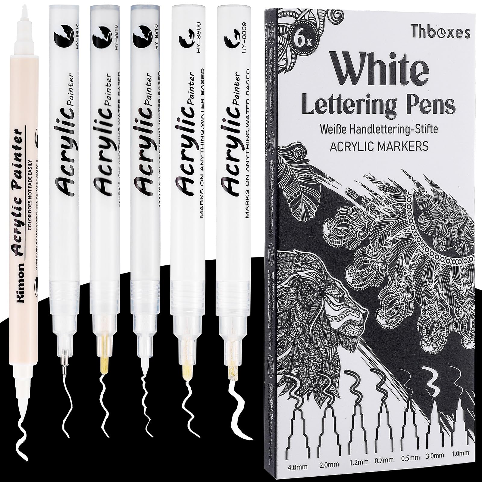 Thboxes 6 Stück Weiße Acrylic Marker, Permanent Weißer Stift Wasserfest Acrylstifte Schnelltrocknend Acrylmarker Stifte mit Fineliner Brush Pen Kalligrafie Stift für Schwarzes Papier Holz Glas