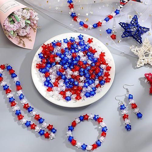 Miniatura 2 de 600 cuentas patrióticas de estrella acrílica para el 4 de julio de 0.433 in, azul, blanco, rojo, estrella del Día de la Independencia, cuentas para