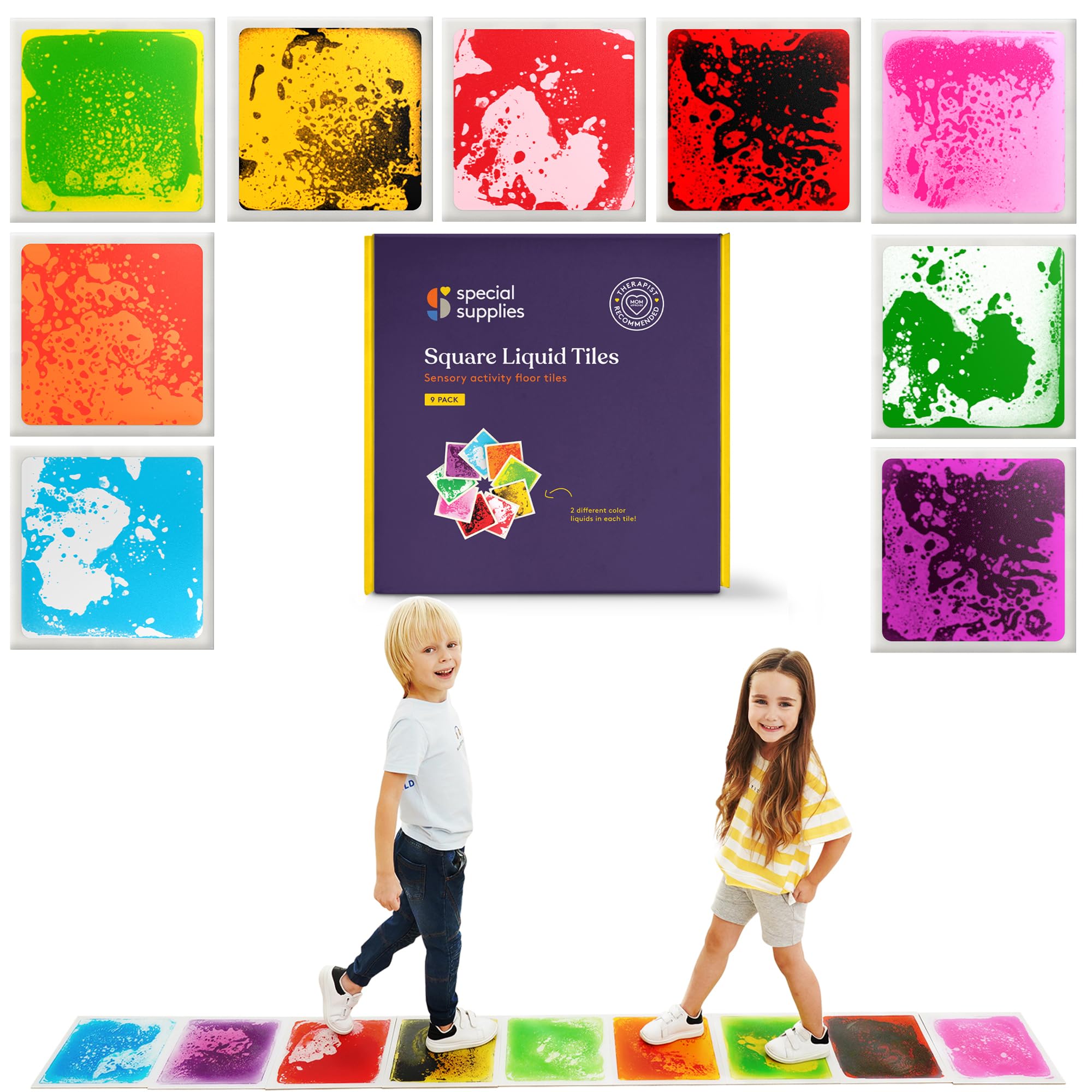 Special Supplies Square Floor Liquid Tiles for Kids, Set of 9, Colorful Early Learning Sensory Activity Mats for Toddlers and Children, Anti-Slip Backing for Active Play, Dance, and Games