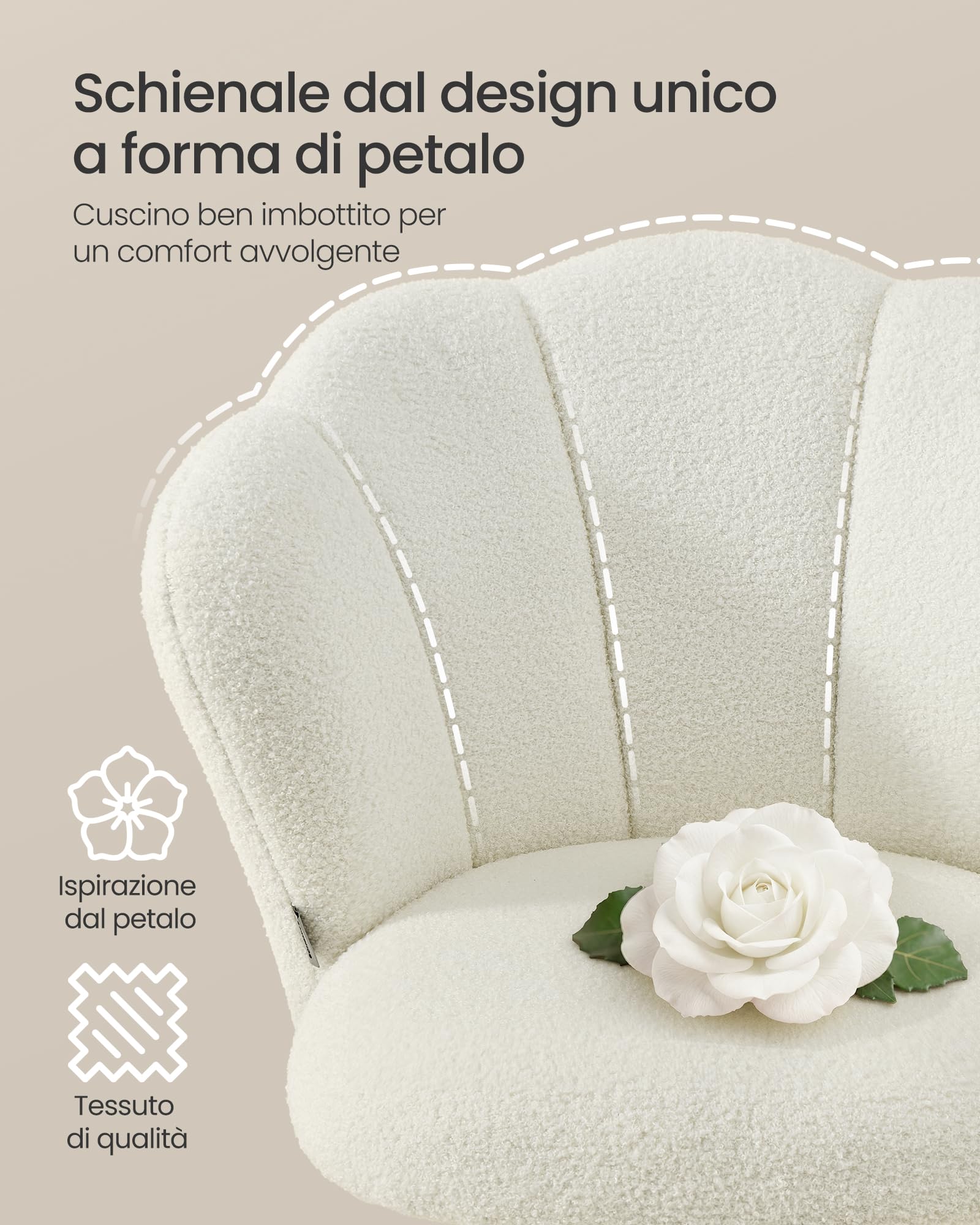 SONGMICS Sedia da Ufficio Girevole a 360°, Sedia da Trucco Imbottita, Tessuto Peluche, Regge 110 kg, Schienale a Petali, Altezza Regolabile, Soggiorno Camera da Letto, Bianco Crema OBG030WD01