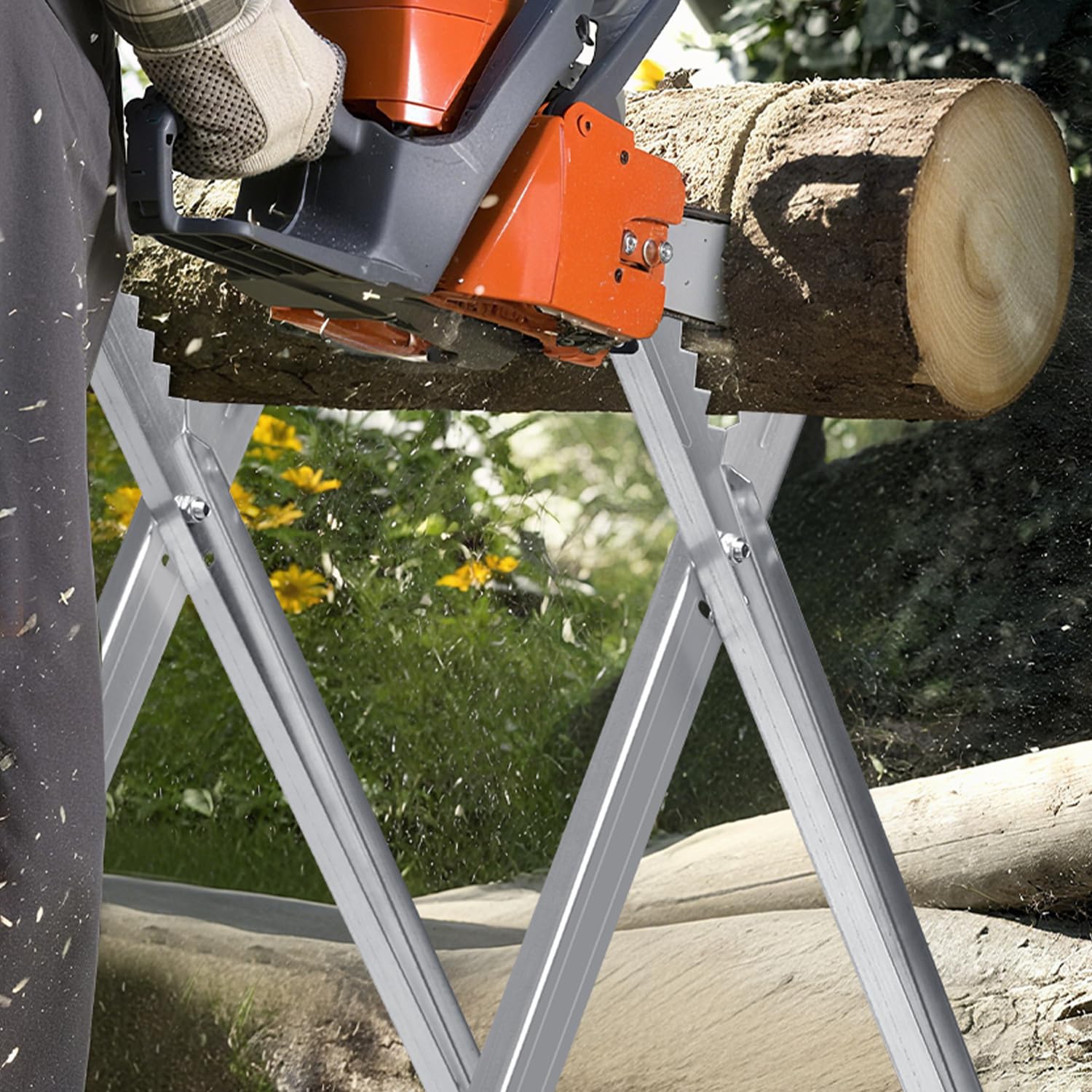 Chevalet de sciage pliable - Capacité de charge de 150 kg - En métal galvanisé - Pour travaux de scie à bois, bois de chauffage, tréteau de tronçonneuse