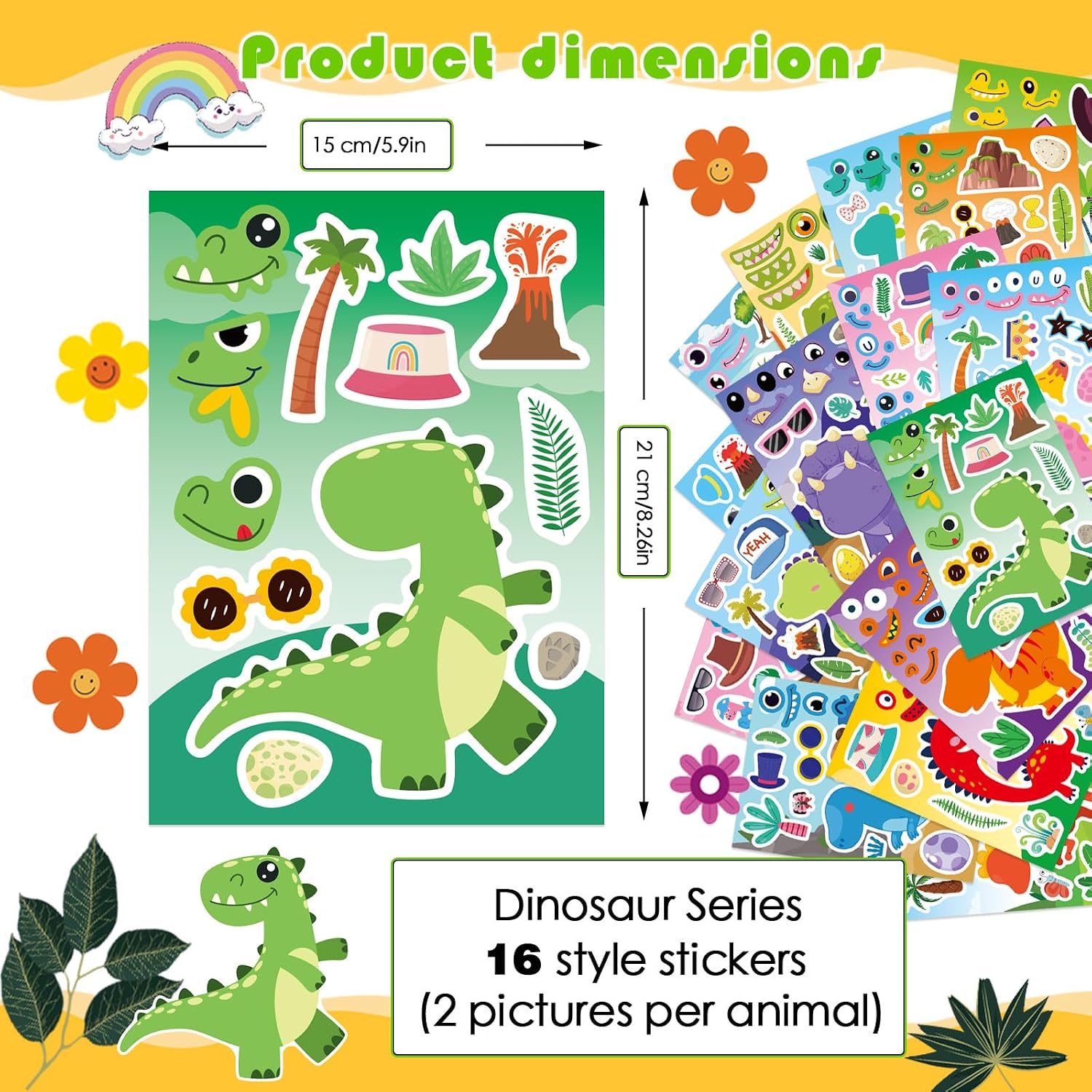 Dinosaur Make a Face Stickers, 32 Sheets DIY Mix and Match Craft, Kids Party Favors, Goodie Bag Stuffers, Classroom Activity image 2