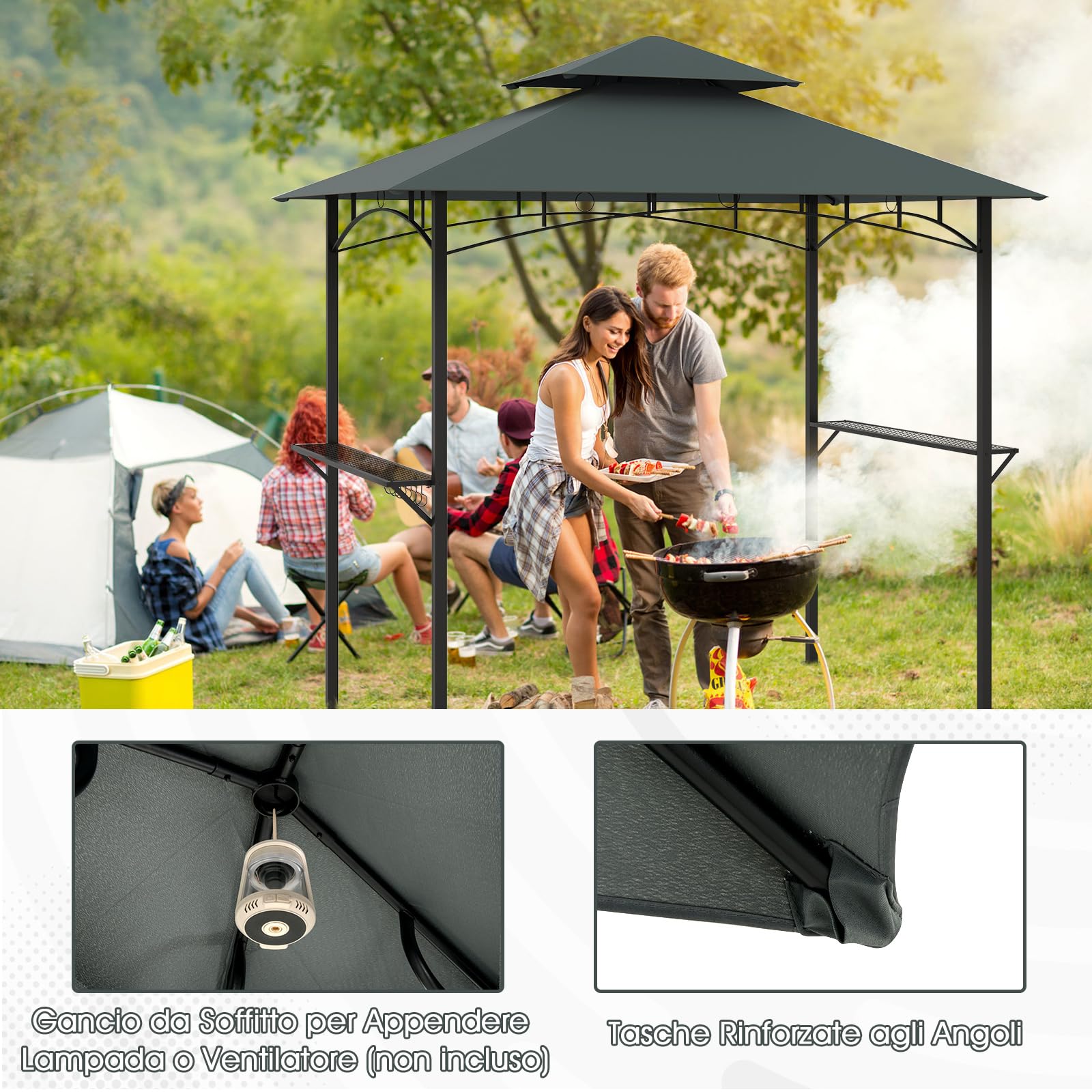 COSTWAY Gazebo per Barbecue 240 x 151 cm, Pergola per BBQ con con 2 Ripiani, 7 Ganci, Struttura in Metallo e Tetto Morbido, Tenda per Picnic e Barbecue per Giardino, Piscina e Terrazza (Grigio)