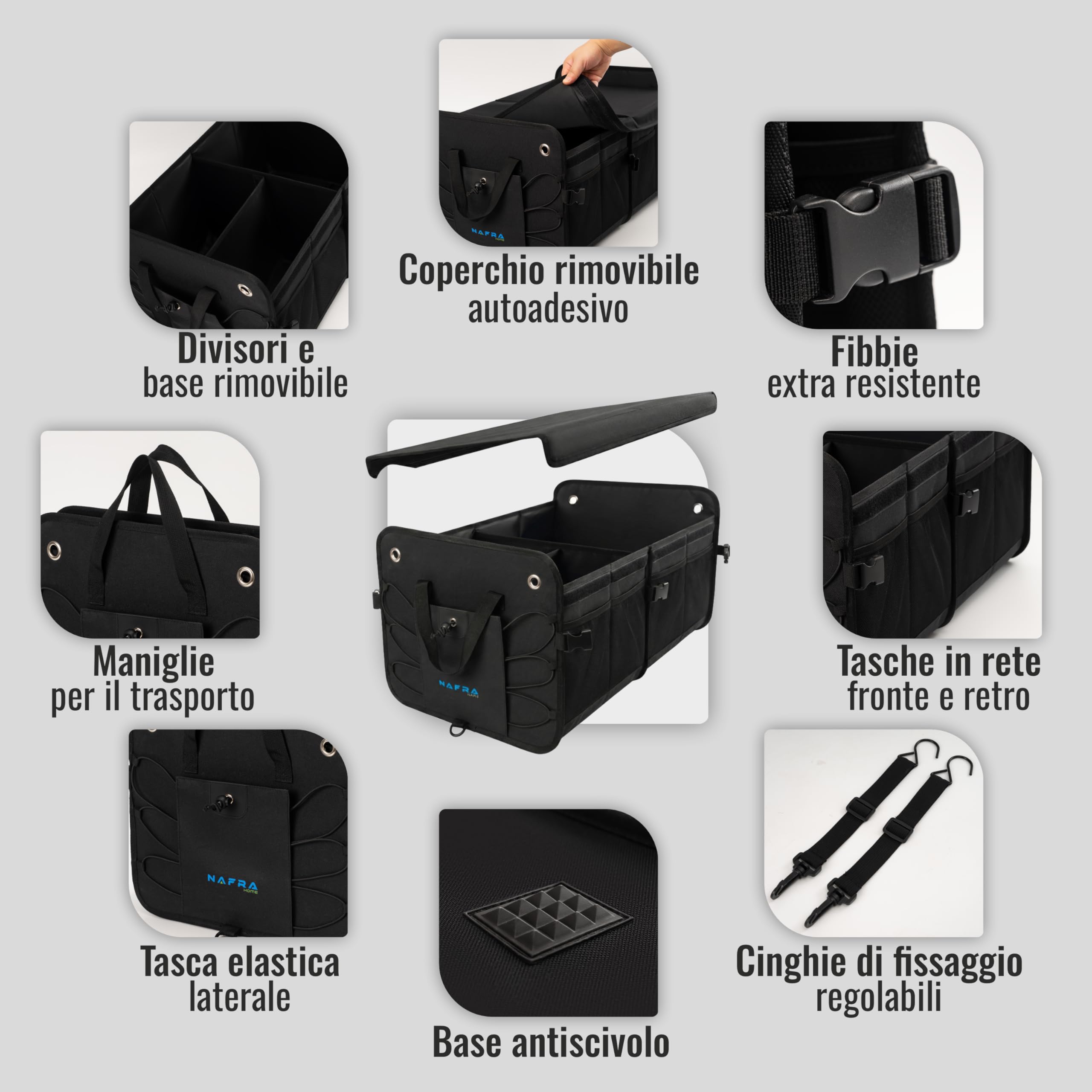 Organizer Bagagliaio Auto 65L | Organizer Auto 57x37x32cm | Accessori Auto Pieghevole con Coperchio e Base Antiscivolo Oxford 600D Impermeabile per SUV e Camion.