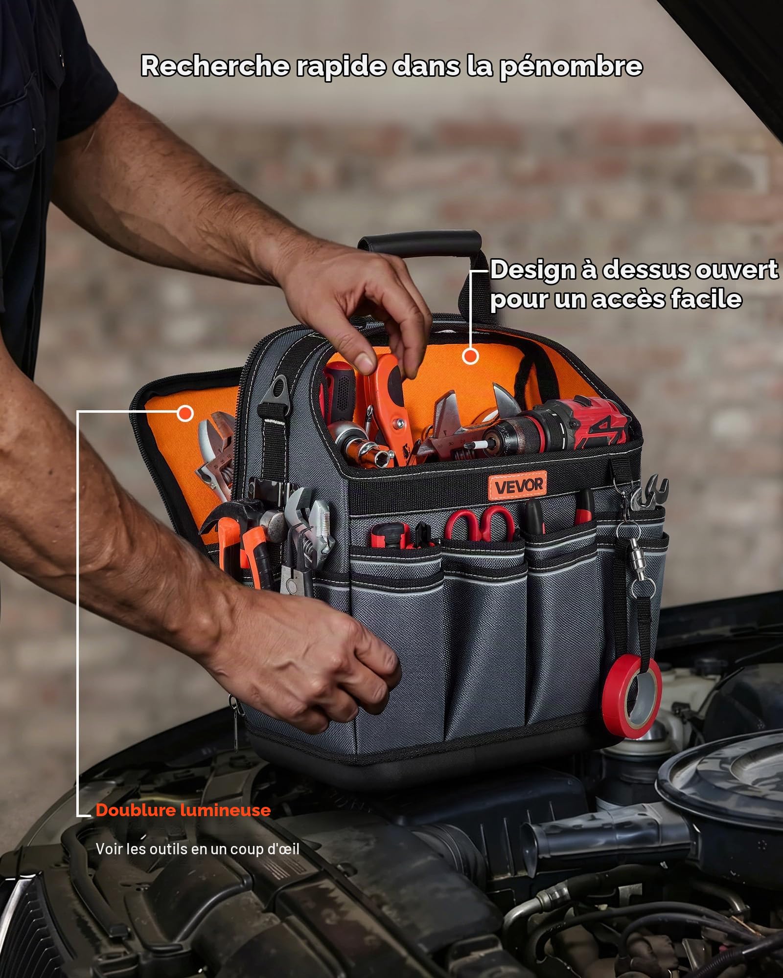 VEVOR Sac à Outils Ouvert 335 mm, Sac de Rangement d'Outils à 39 Poches, pour Électricien, Bricolage, Maintenance et Chantier, Organiseur Portable avec Base Rigide en Plastique, Bandoulière Réglable