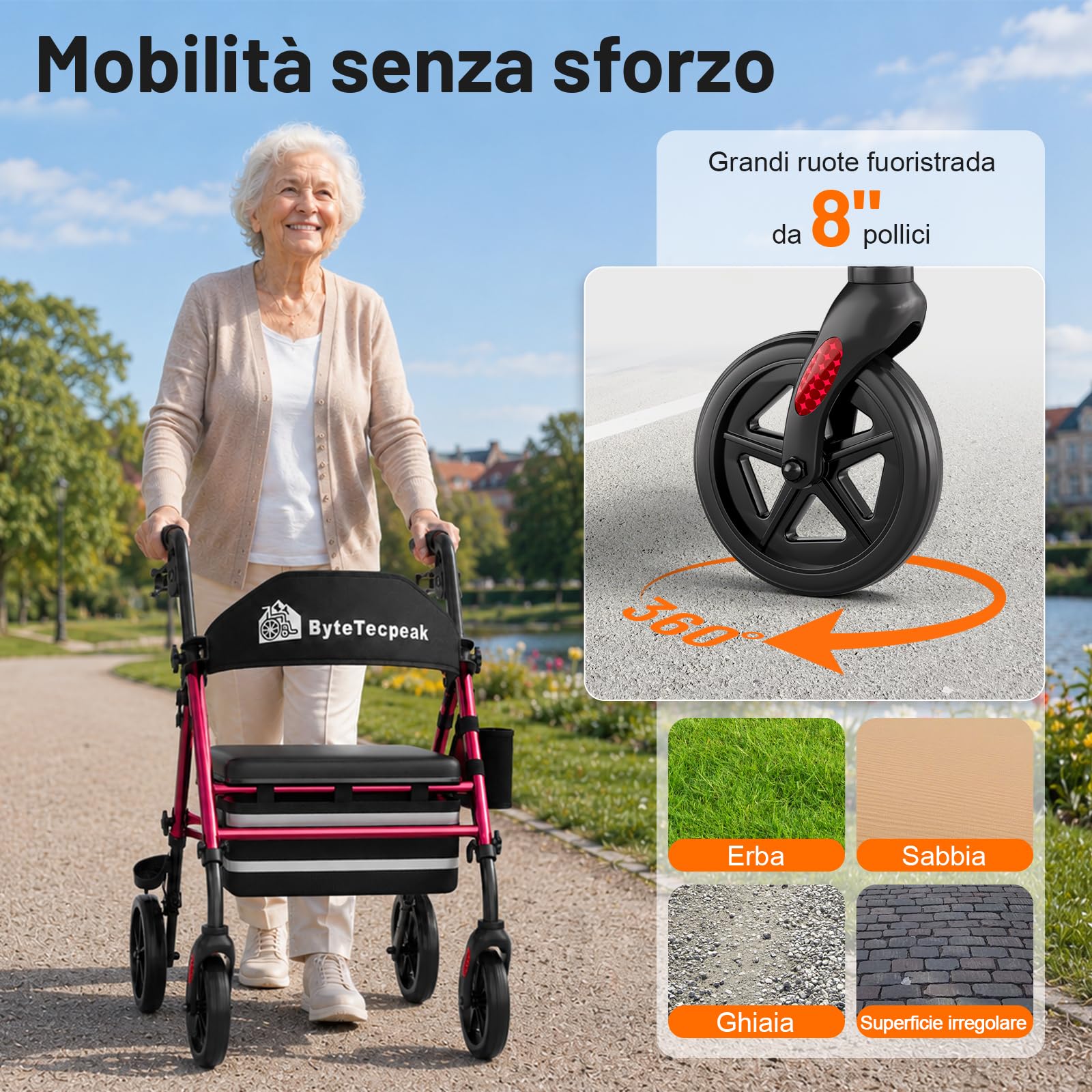 R4 deambulatore pieghevole con seduta, girello per anziani,altezza regolabile in 5 livelli su sedile e maniglie, Deambulatori a 4 ruote, Con borsa della e freni, portata max 100KG