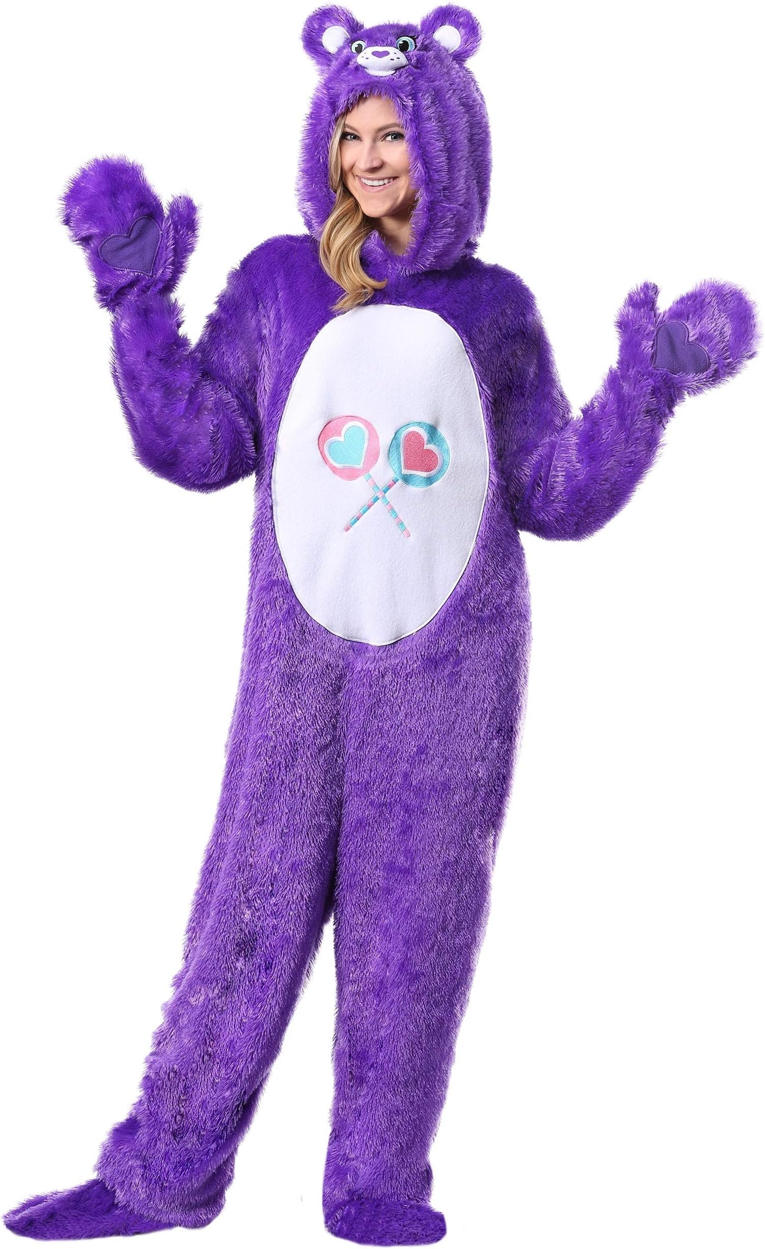 Fun CostumesPlus Size Care Bears Share Bear Halloween Costume for Adults | Purple Hooded Jumpsuit | 80s Cartoon Outfit