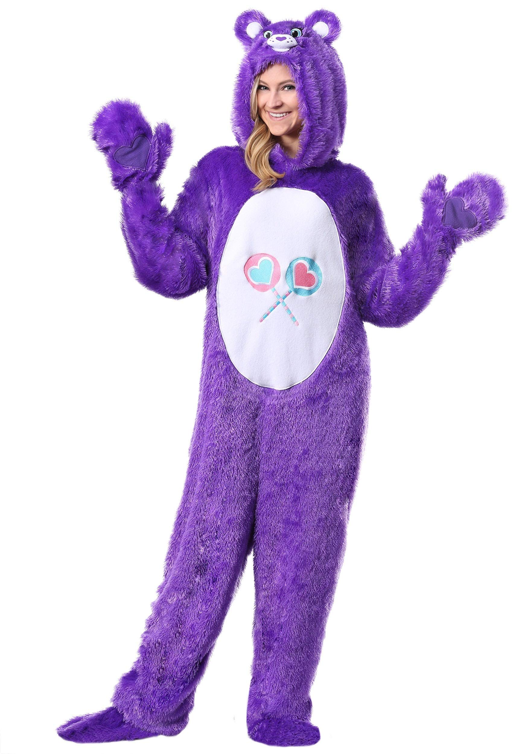 Fun CostumesPlus Size Care Bears Share Bear Halloween Costume for Adults | Purple Hooded Jumpsuit | 80s Cartoon Outfit