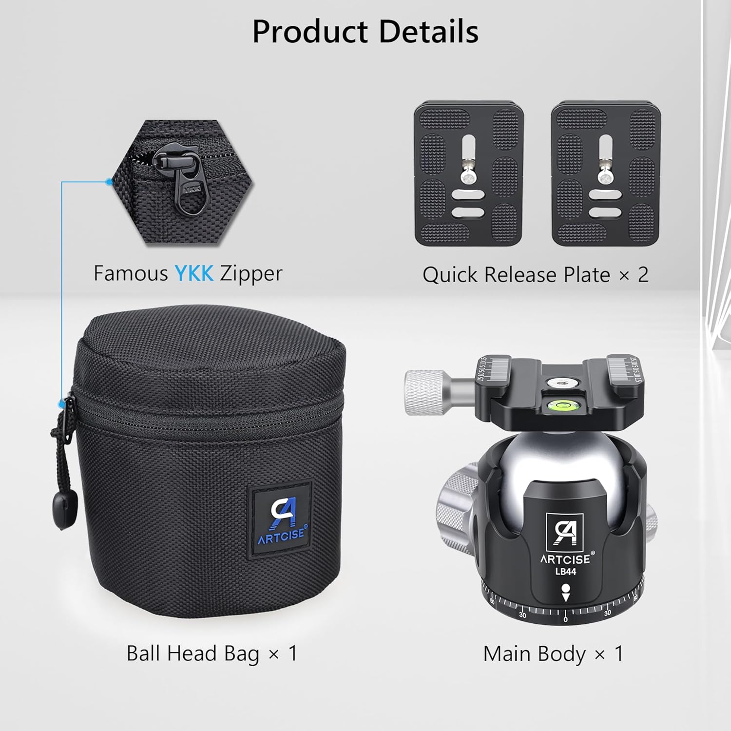 Low Profile Ball Head Tripod Head ARTCISE LB44 All Metal CNC Ball Head Camera Mount with Two Arca Quick Release Plates for Tripod, Monopod, DSLR, Max Load 55lbs/25kg LB44-44mm