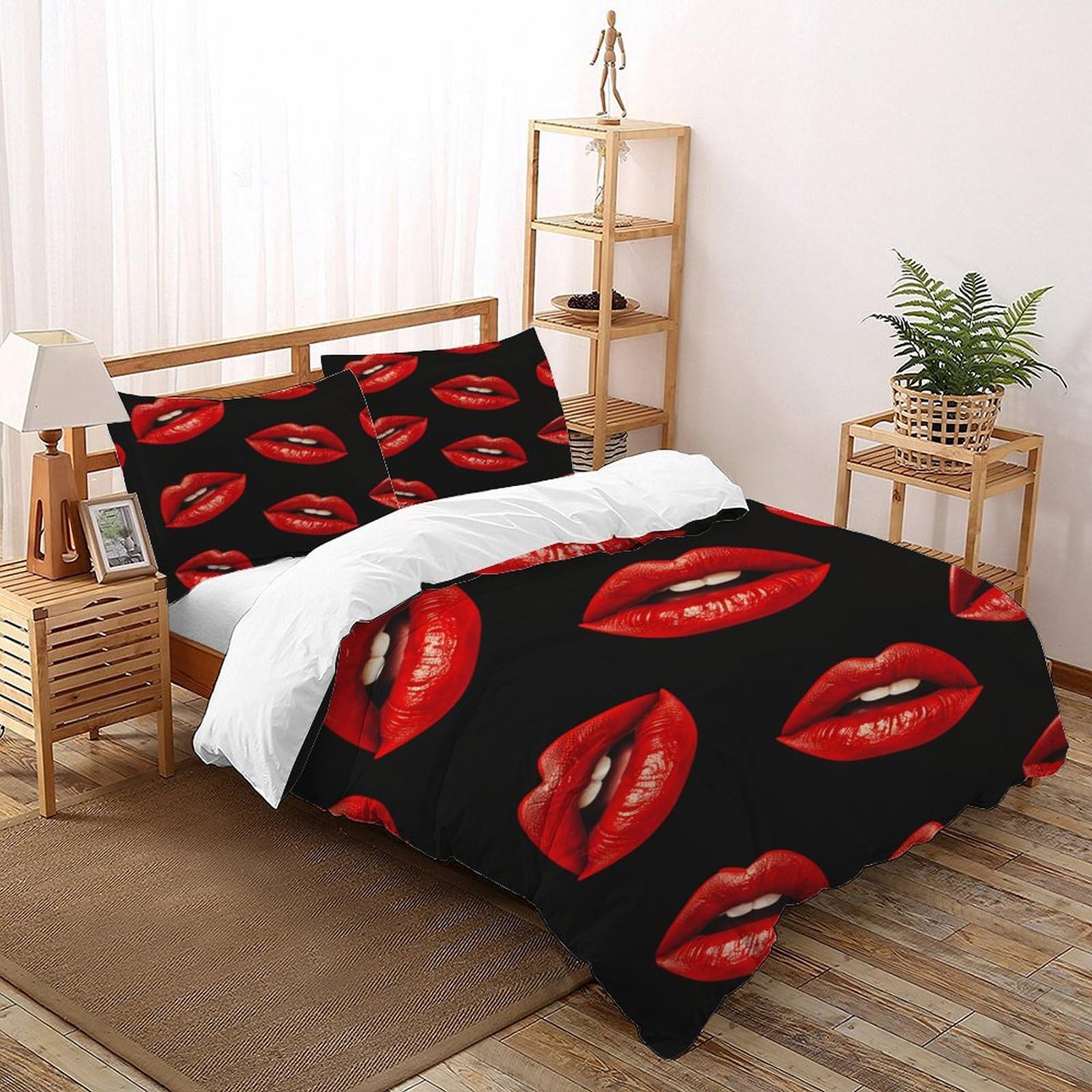 Housses de couettes rouge 200x200 parure de lit microfibre imprimé lips drap de lit double