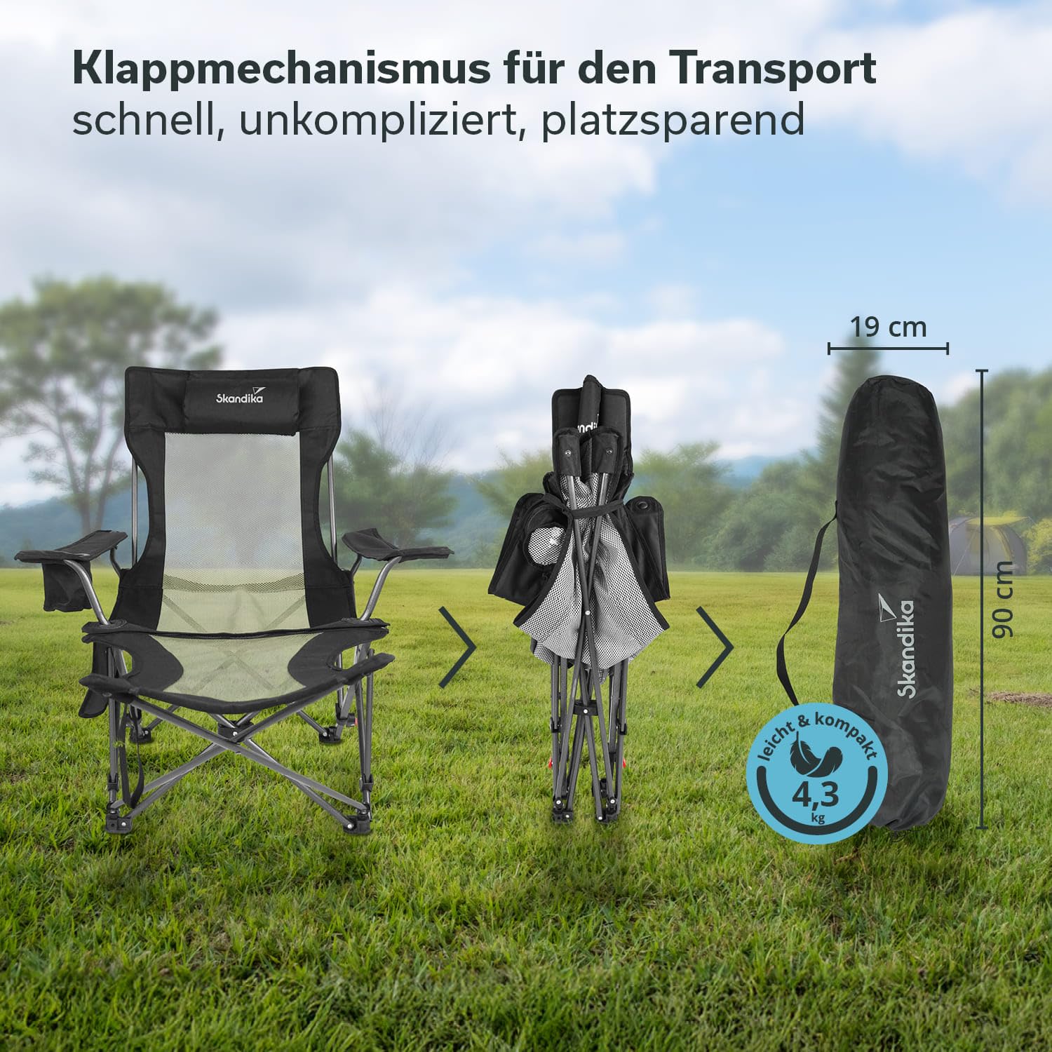 Skandika Campingstuhl mit Fußablage Toras | 2-in-1 Liegefunktion, Faltbarer Liegestuhl, verstellbare Rückenlehne, leicht, Klappstuhl mit Getränkehalter, Strandstuhl klappbar Camping Stuhl Faltstuhl