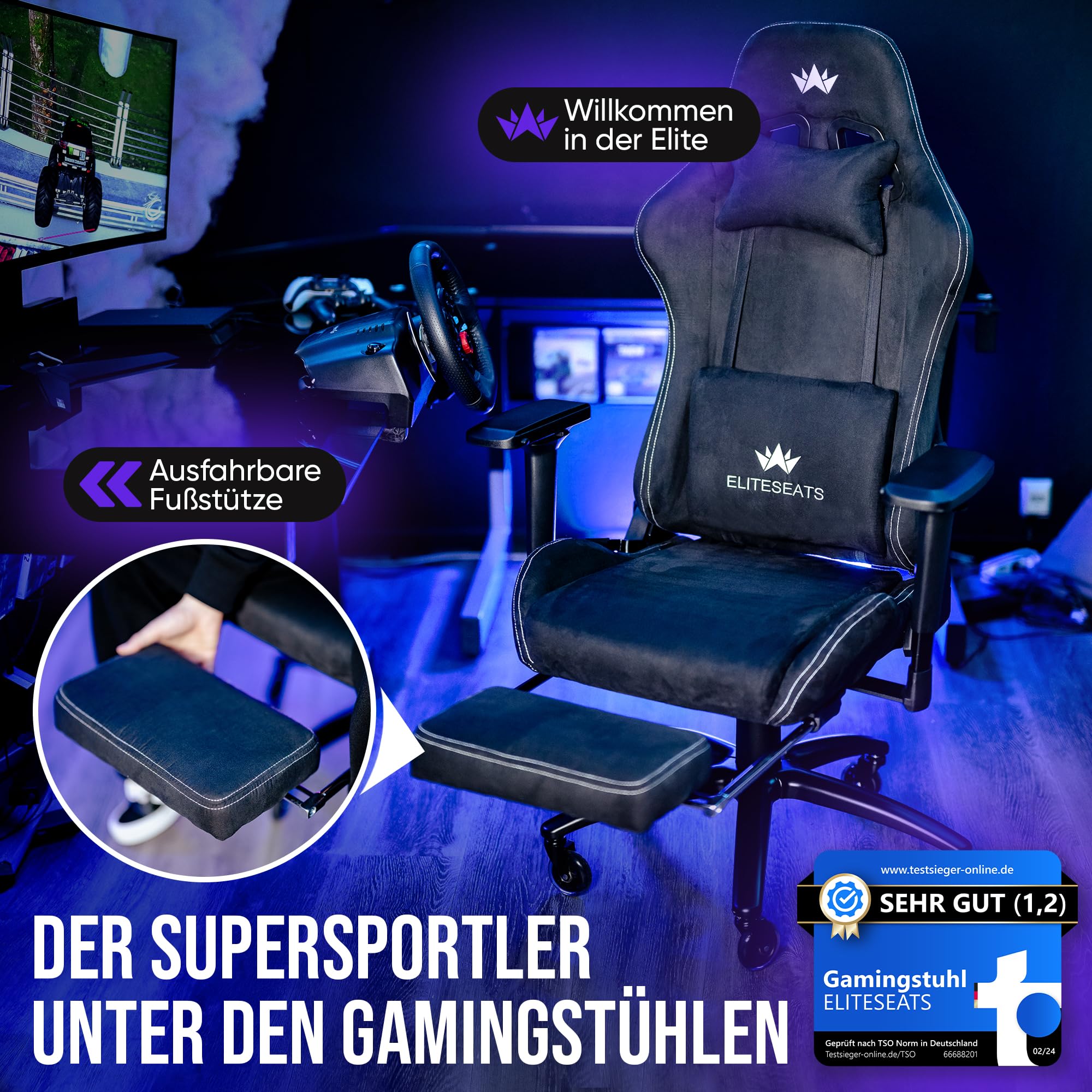 ELITESEATS Gaming Stuhl Ergonomisch TESTSIEGER Kratzerfreie Rollen Atmungsaktiv 4D-Armlehnen Fußstütze 150 kg Belastbarkeit