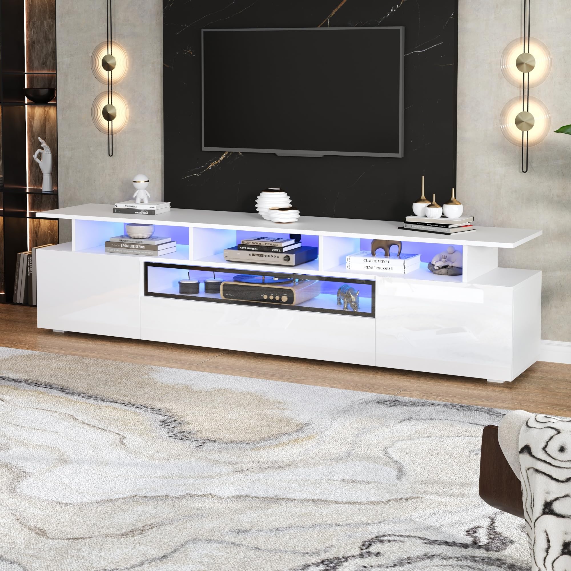 Mobile TV, 180 x 38 x 45 cm, con 2 armadi e 1 cassetto, basso con LED e 10 ripiani, adatto per TV da 75 pollici