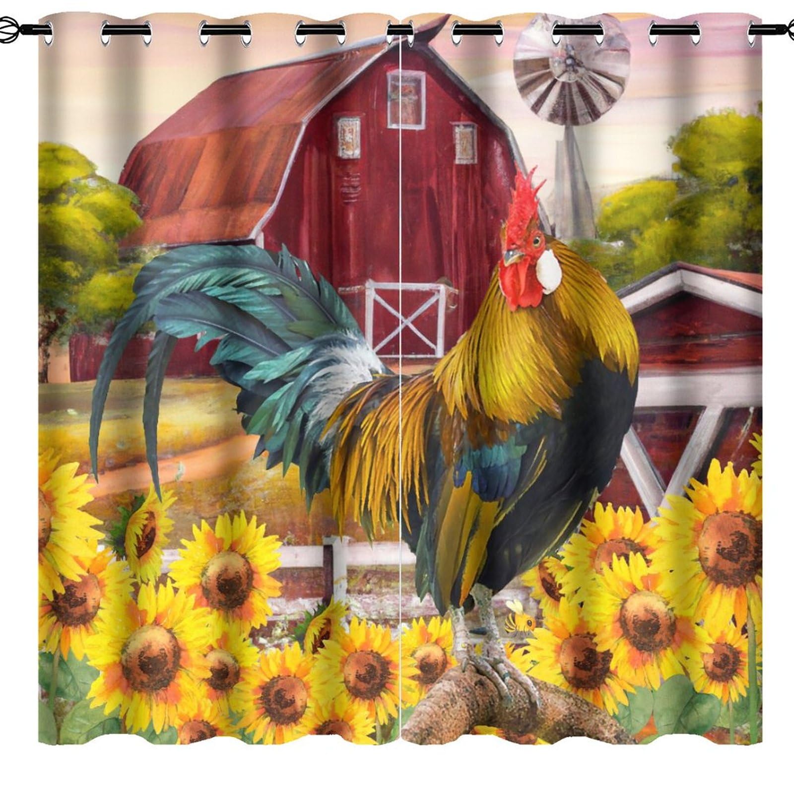 Brebasf Watercolor Western Farmhouse Blackout Thermal Insulation Curtains,Rustic Farm Windmill Cute Rooster Spring Floral Sunflowers Room Darkening Top Grommets Curtain-2 Panels 63