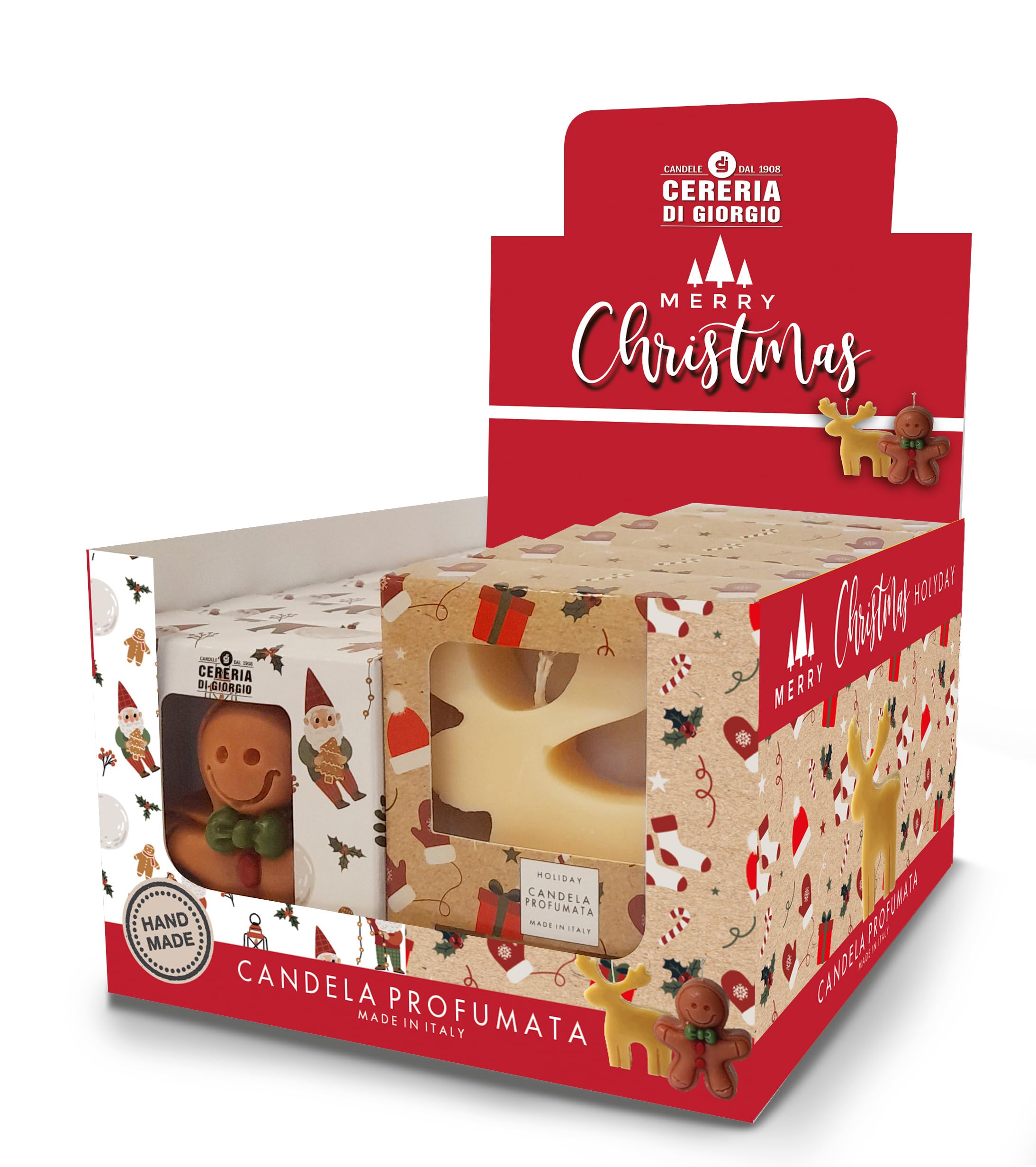 Cereria Di Giorgio - Display mit 6 Kerzen in Form von Rentieren und 6 Kerzen in Form eines Lebkuchenmanns - Duft nach Honig und Zimt - Dekoriertes Etui - Handgefertigt