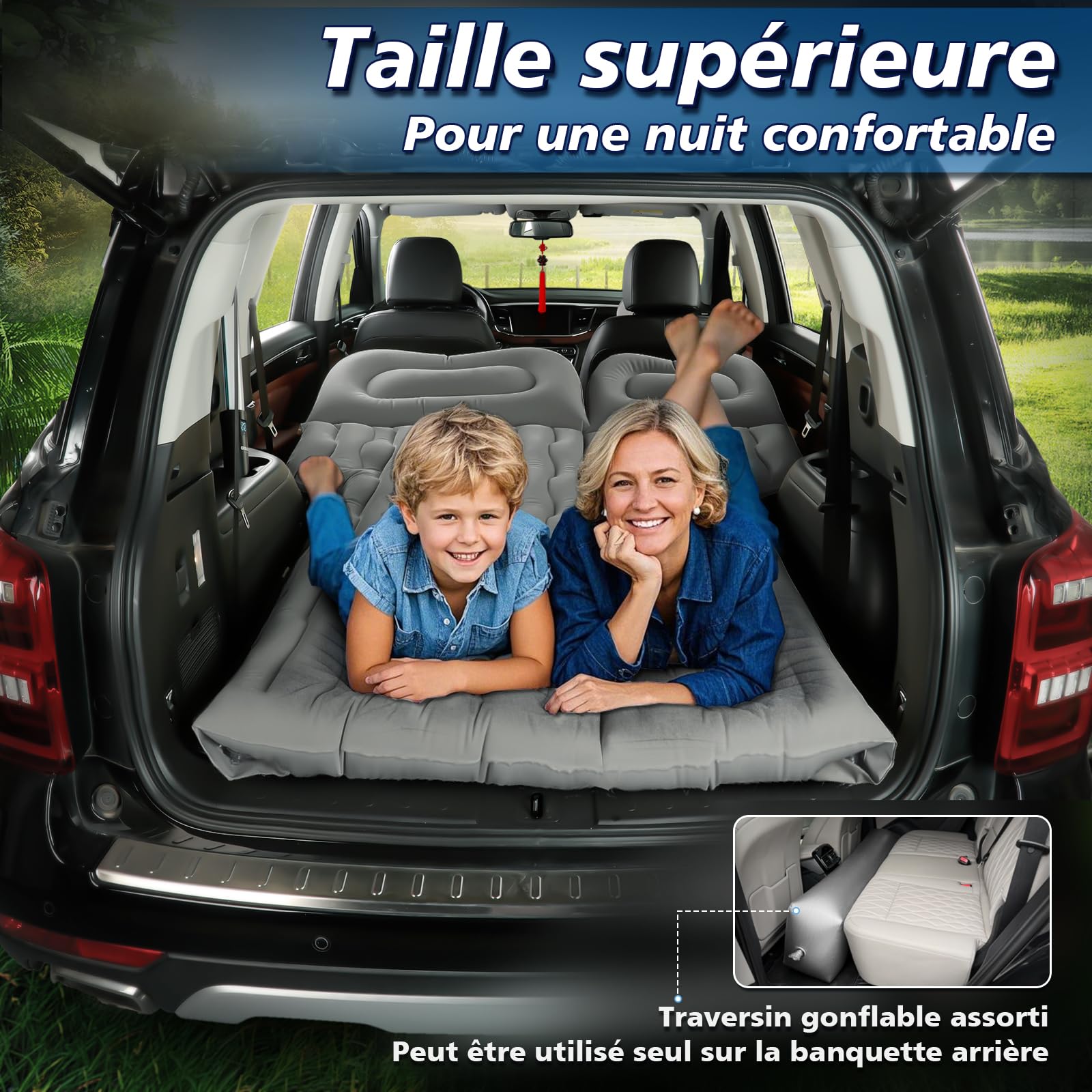 FORMIZON Matelas Gonflable de Voiture, Lit Gonflable pour Siège Arrière, Matelas Pneumatique SUV avec Pompe à Air et Oreillers pour Voyage, Camping, Activités de Plein Air (Gris)