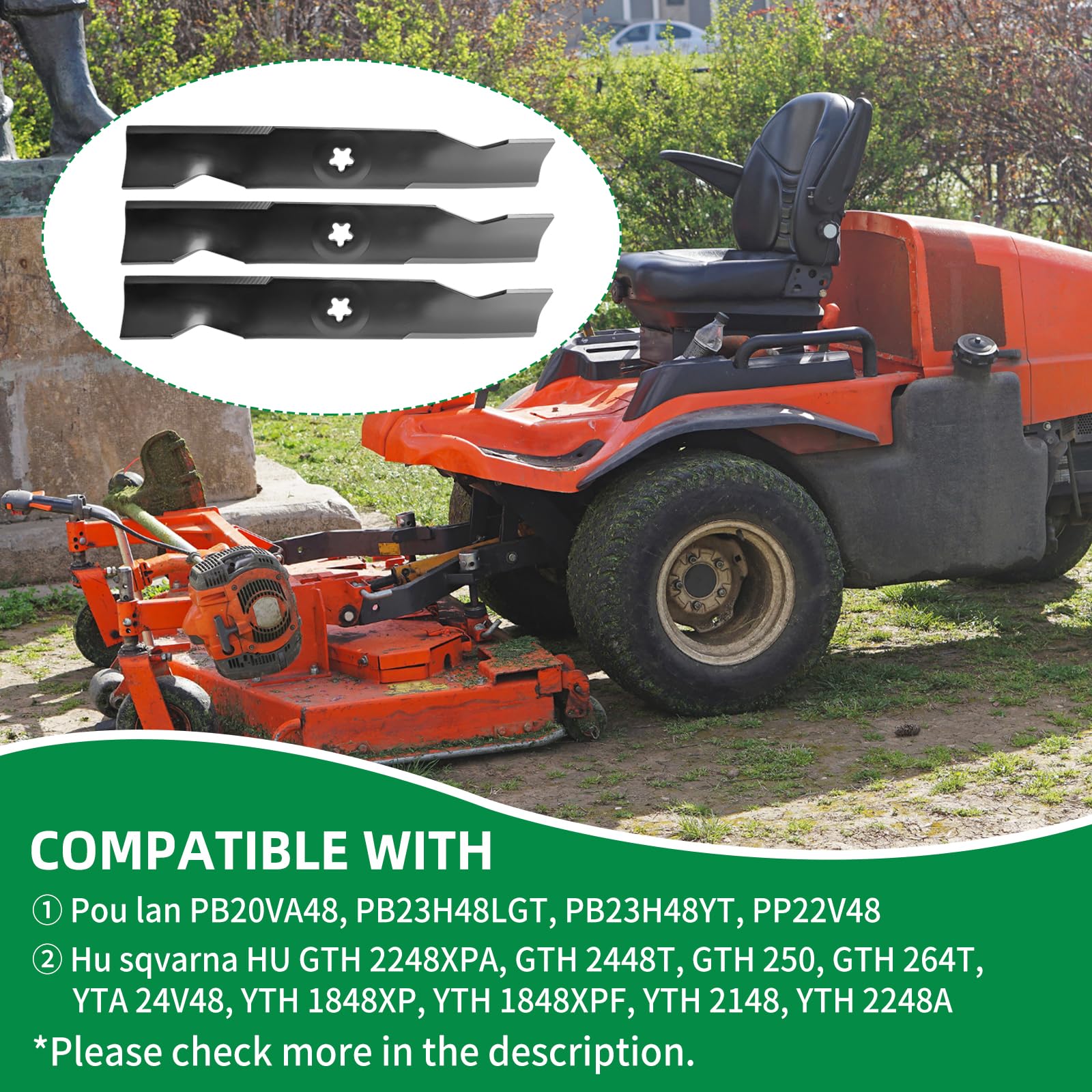 173921 Cuchillas de cortacésped de alta elevación compatibles con Hu sqvarna/Craftsman/Pou LAN cubierta de corte de 48 pulgadas, juego de cuchillas 180054 para cortacésped YTH24V48 YTH2348,