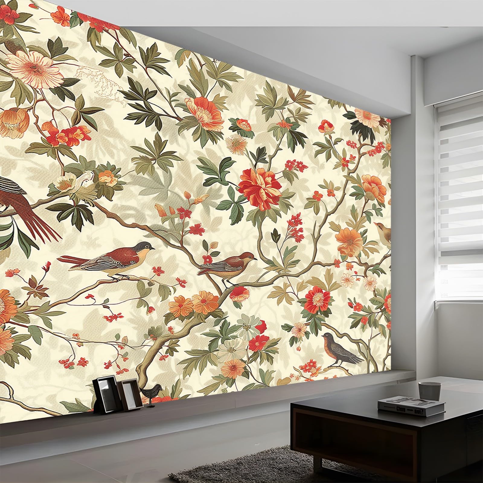 Tapeta 350 x 256 cm, tapeta z włókniny, tradycyjne kwiaty i ptaki, dekoracja, wodoszczelna, folia ochronna na ścianę, do sypialni, salonu, folia meblowa, tapeta ścienna, kolorowa, w zestawie poradnik