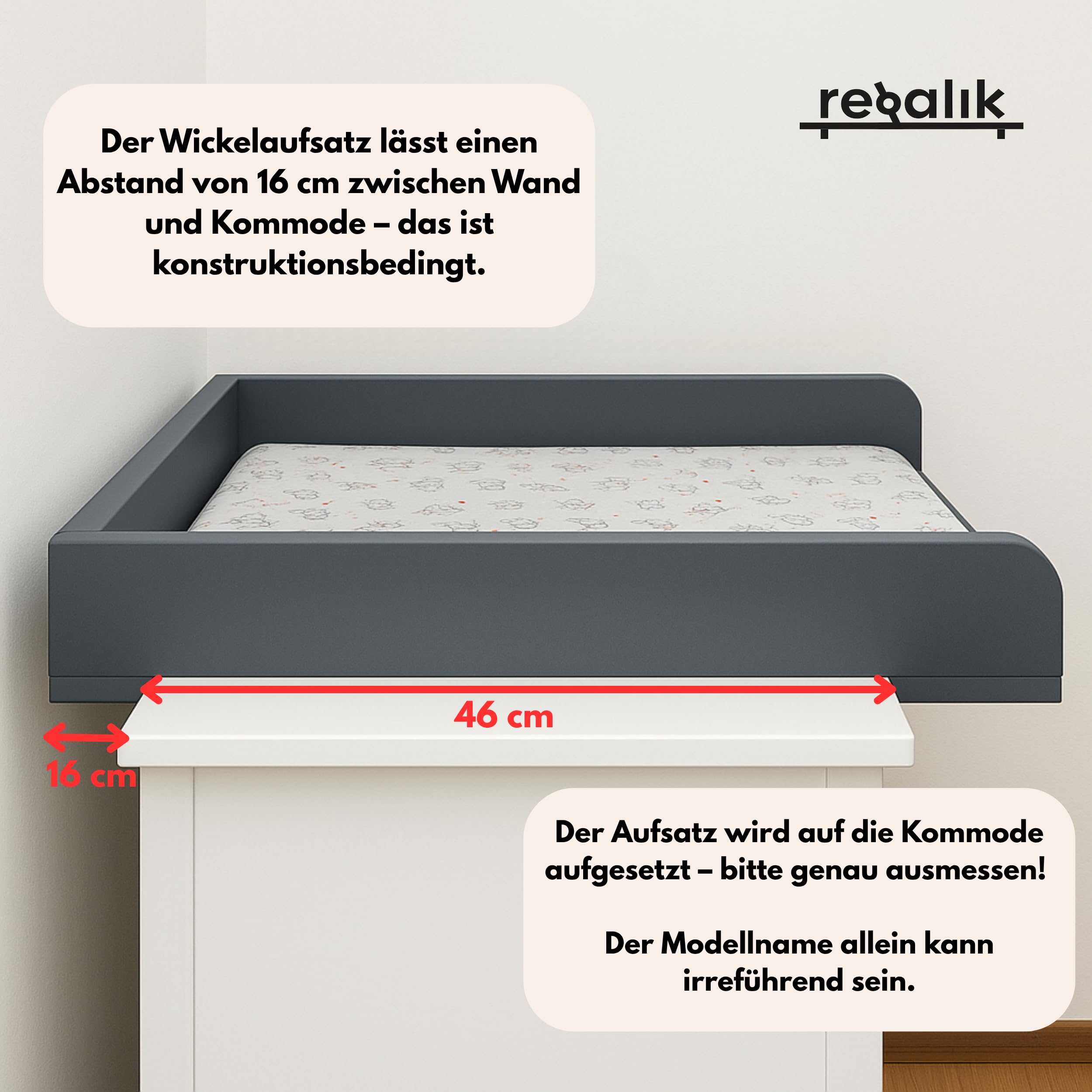 Wickelaufsatz für Koppang von IKEA, Wickeltischaufsatz für 46 cm Kommoden, Abnehmbar Wickelkommode aufsatz, Abgerundeten Frontplatten, Oak, 72cm x 54cm