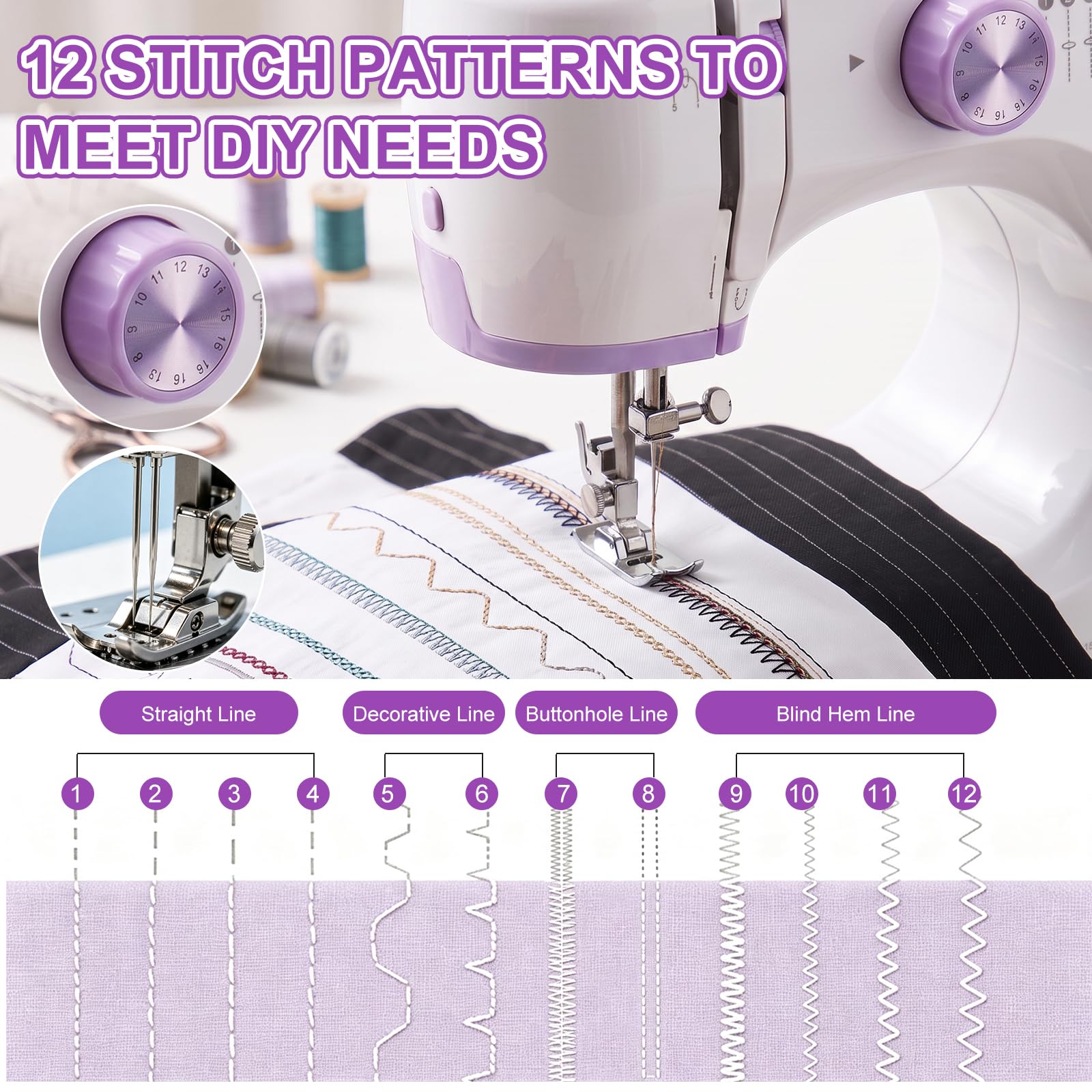 Machine à Coudre Portable Débutant, Qoosea 12 Point Sewing Machine Violet
