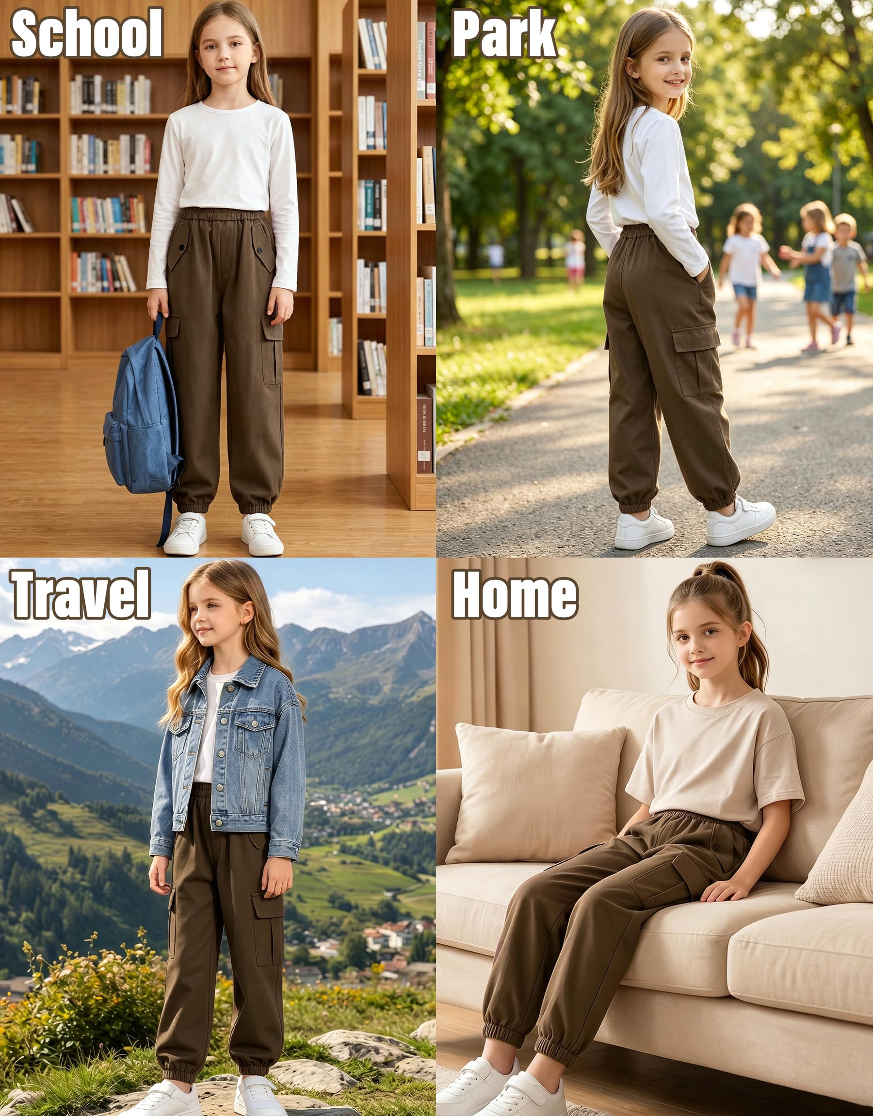 Pantaloni Cargo Ragazza, Pantalone Jogging Cotone Morbido con Tasche Multiple, Pantaloni Tuta vestibilità Ampia Vita Elastica, Pantalone Casual Streetwear per Bambini 6-13 Anni