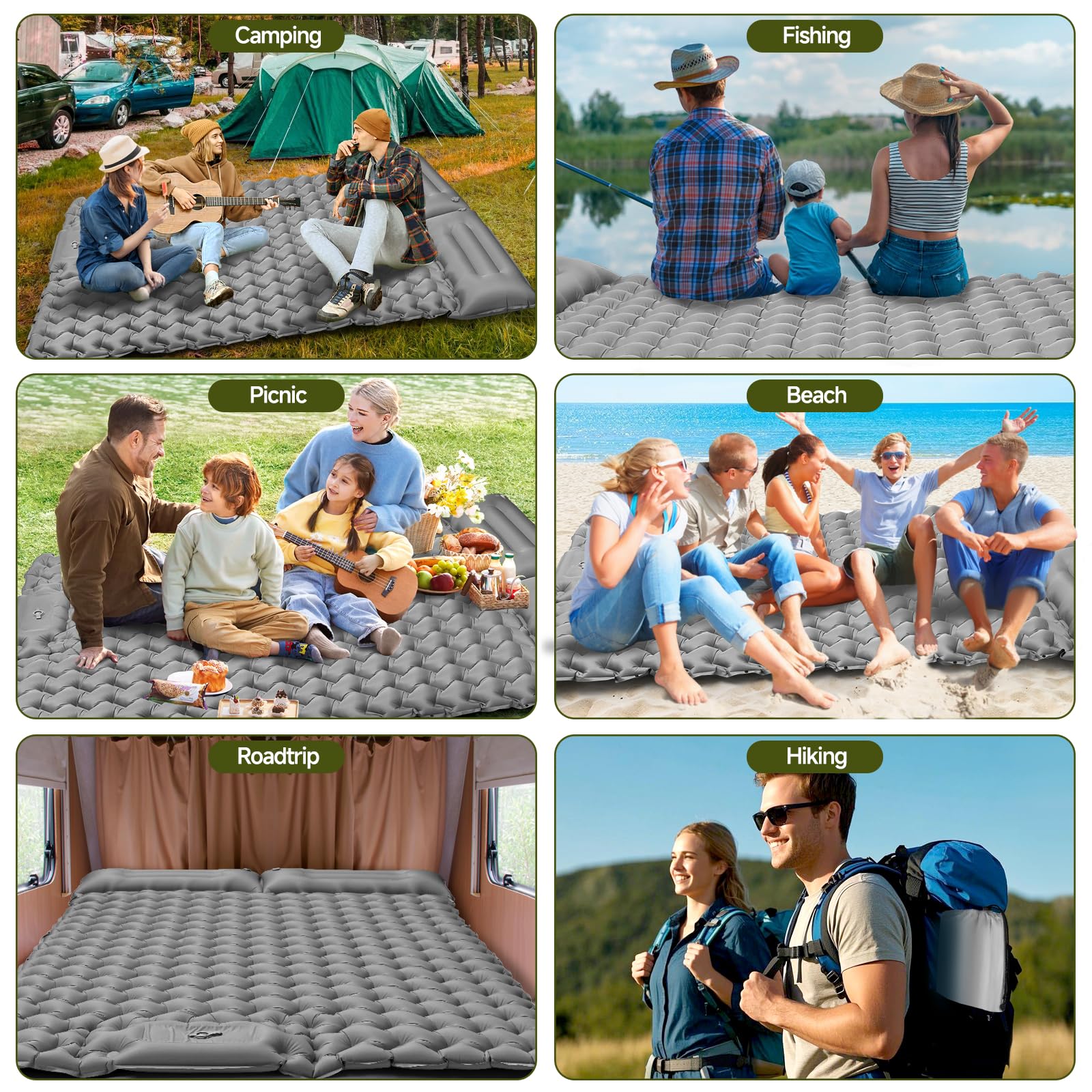 Matelas de Camping Autogonflant Double pour 2 Personnes 200x130 CM Ultraléger Tapis de Camping avec Oreiller Étanche Matelas Gonflables Unique Portable pour Voyage, Plage, la Randonnée
