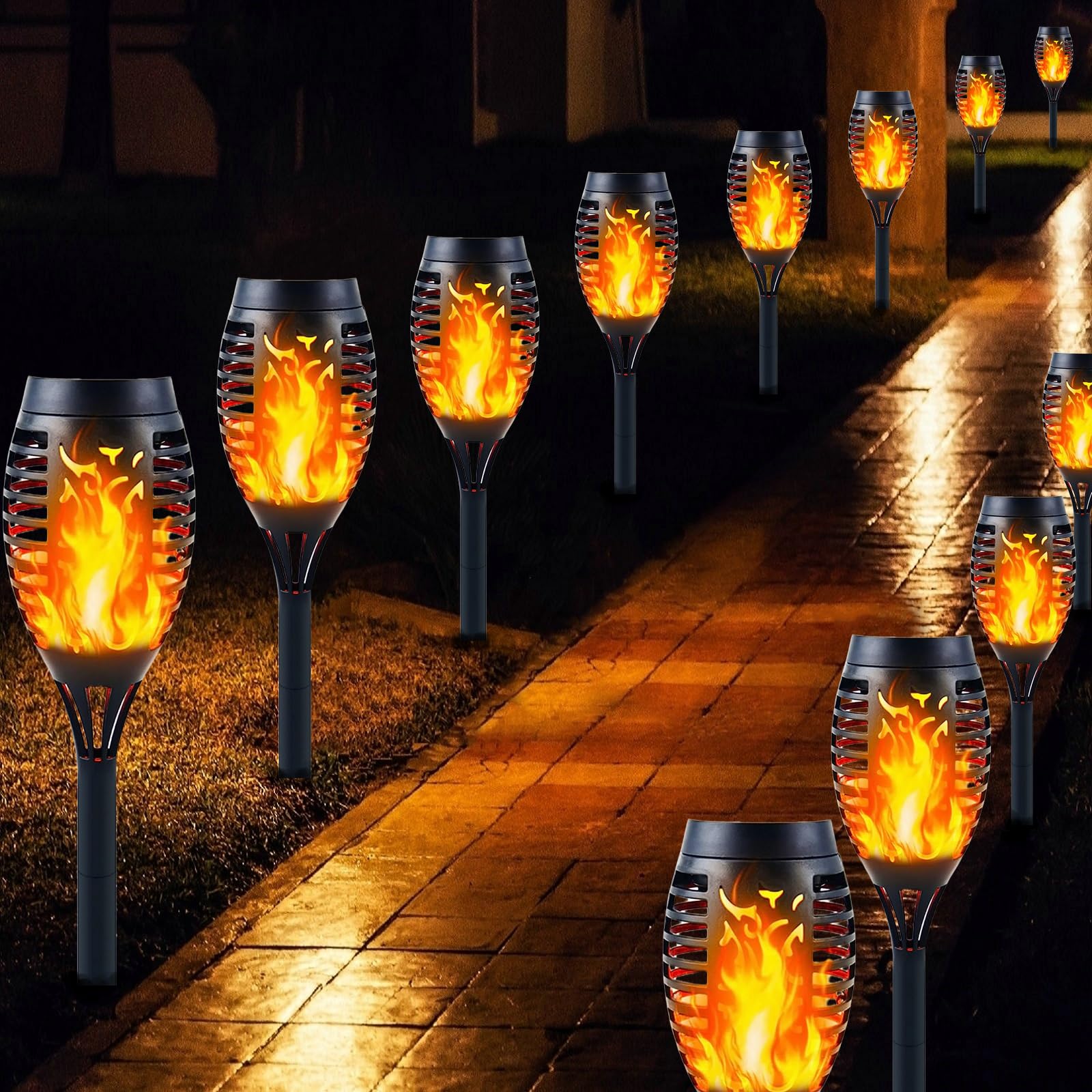 Solar Lights Outdoor Garden, 12 Pack Solar Flame Lights LED Warm Flickering Flames Waterproof Solar Torch Lights Garden Ornaments Landscape Lighting Auto On/Off for Pathway Yard Decoration (Warm)
