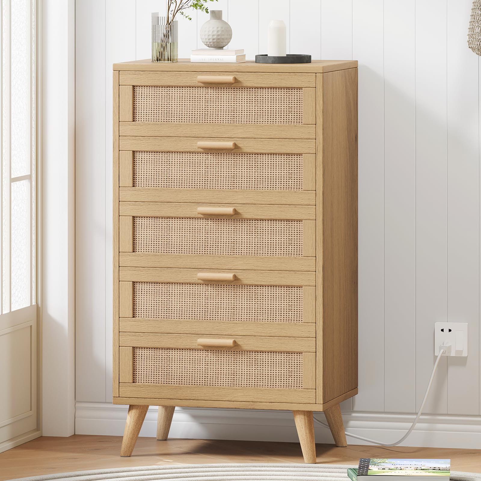 Rovaurx Modern 5 Drawer Dresser for Bedroom, 42.7" Tall Rattan Chest of Dressers with Charging Station, Dresser Chest with Wooden Handles, Beside Table for Closet, Living Room and Entryway, Natural
