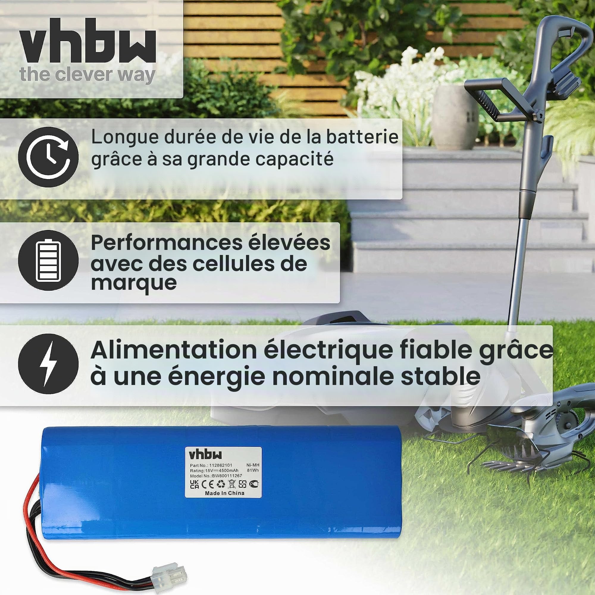 vhbw Batterie Compatible avec Husqvarna Automower 220AC, G2 2004-2006, 230ACX, Solar Hybrid, 210C, 260ACX, SH, 210AC Tondeuse (4500mAh, 18V, NiMH)