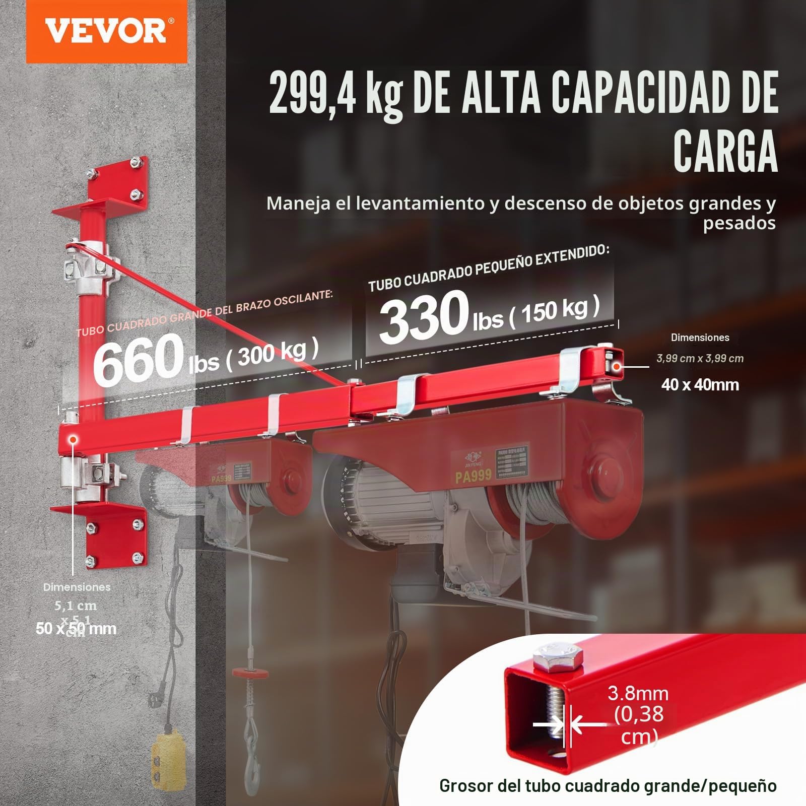 Hodoy Brazo de Soporte del Polipasto, Max. Carga a 750 mm: 300 kg, Carga a 1.150 mm: 200 kg, Soporte de Brazo de Grúa Eléctrico, 103 x 140 x 180 mm, Brazo Oscilante del Polipasto, Rango de Giro: 180 °