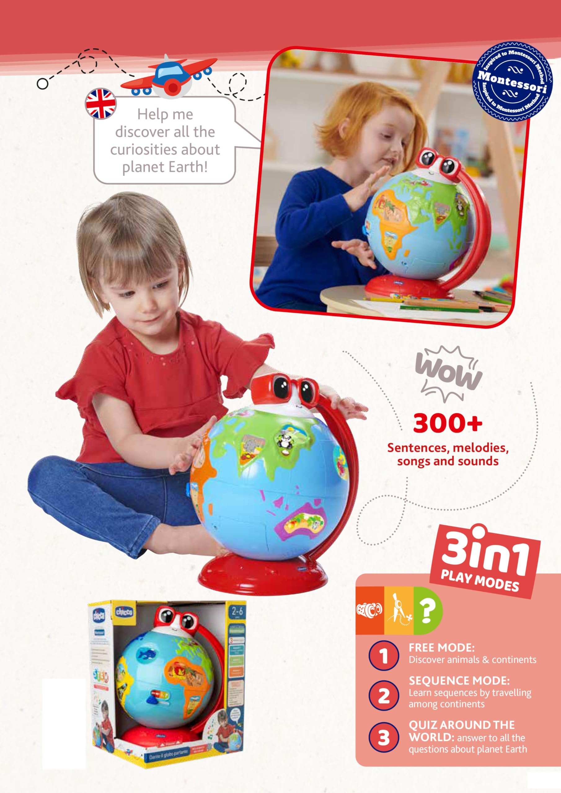 Chicco Palloncino Terracheo, Giocattolo Educativo Parlante, Per Imparare Geografia, Musica e Curiosità del Mondo, Flora e Fauna, +300 Frasi e Concorsi Canzoni, Metodo Montessori