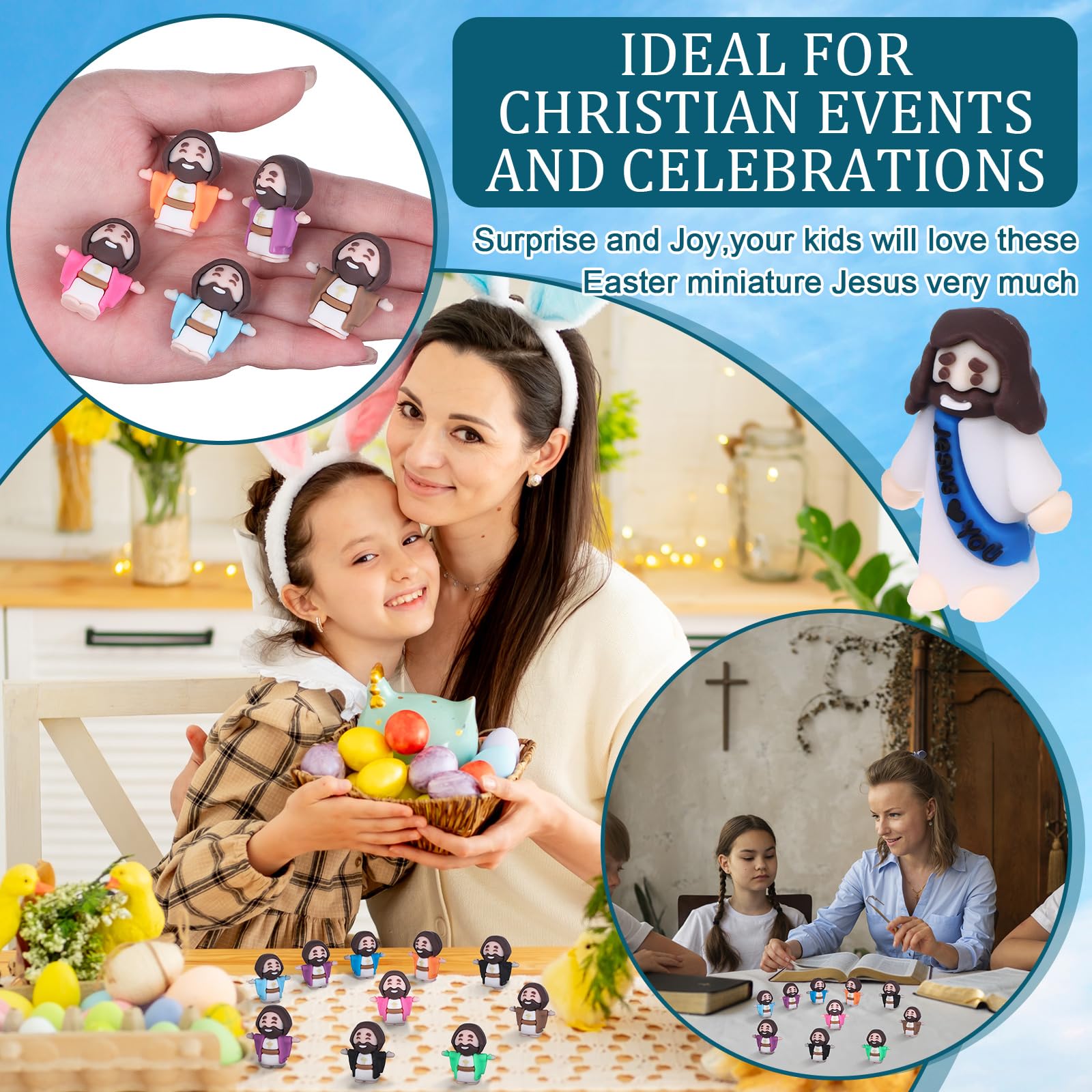 Mini Jesus Figurines – Small Religious Dolls For Sunday School, Baptism, Easter | 3.5cm Blue Rubber Figures