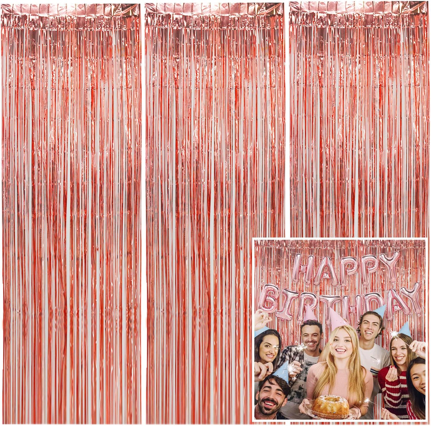 3Pcs Foil Fringe Curtains Backdrop Rose Gold Party Decoration, 3.2 ft x 6.5 ft Metallic Tinsel Curtain Party Backdrop for Happy New Party 2023, Birthday Bachelorette Party Bridal Shower Decorations