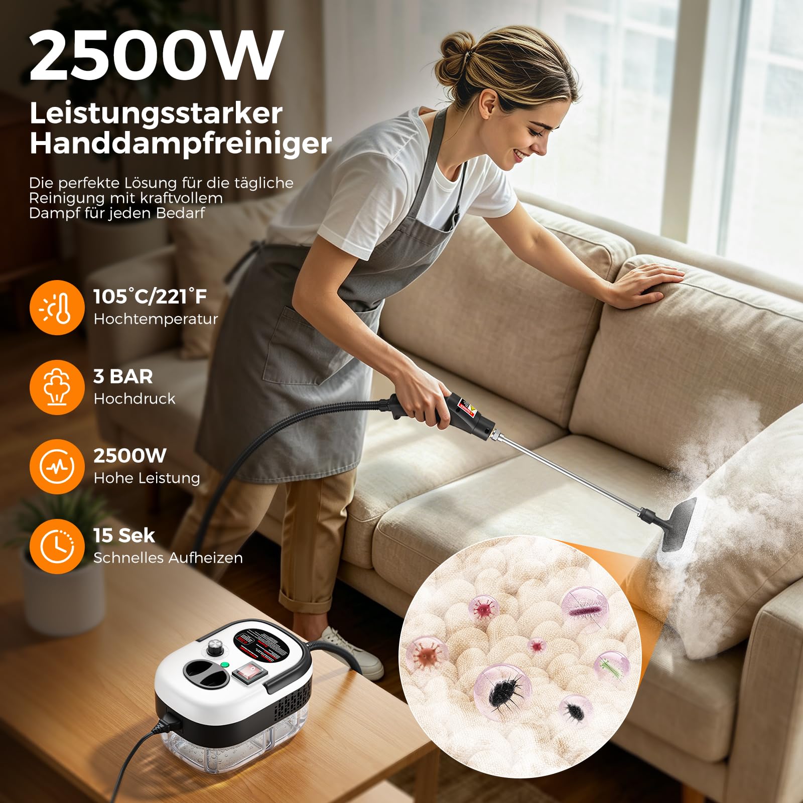 Dampfreiniger Handgerät, 2500W,Chemikalienfreier Handdampfreiniger –Hochdruck-Dampf gegen Schmutz Fett & Bakterien, 3 Bar Steam Cleaner für Haushalt, Küche, Bad, Fenster, Polster & Auto