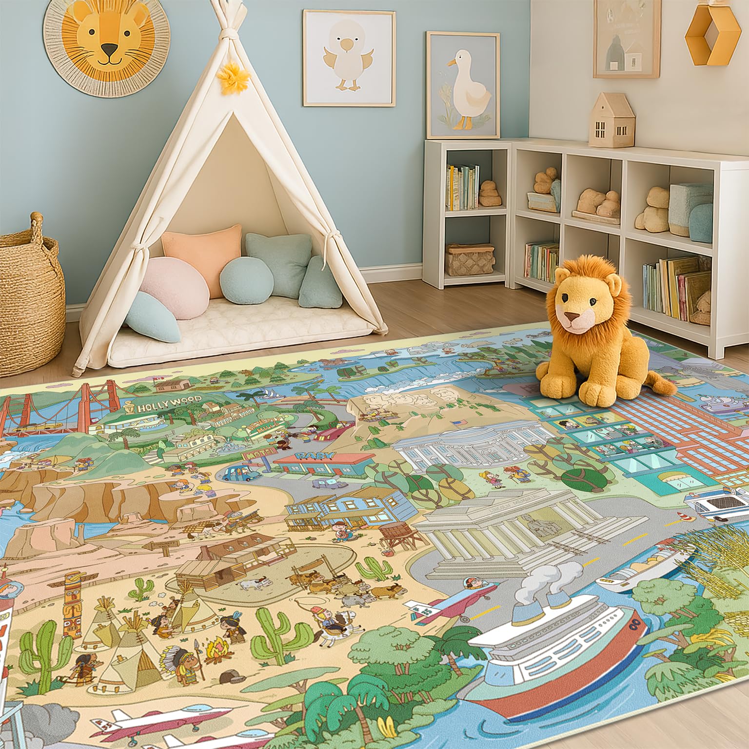 Washable Kids Rug 5x7 North America Map for Playroom – Educational Carpet for Preschool, Daycare, Classroom – Learn Geography, Animals &amp; Landmarks – Fun Washable Rug for Large Kids