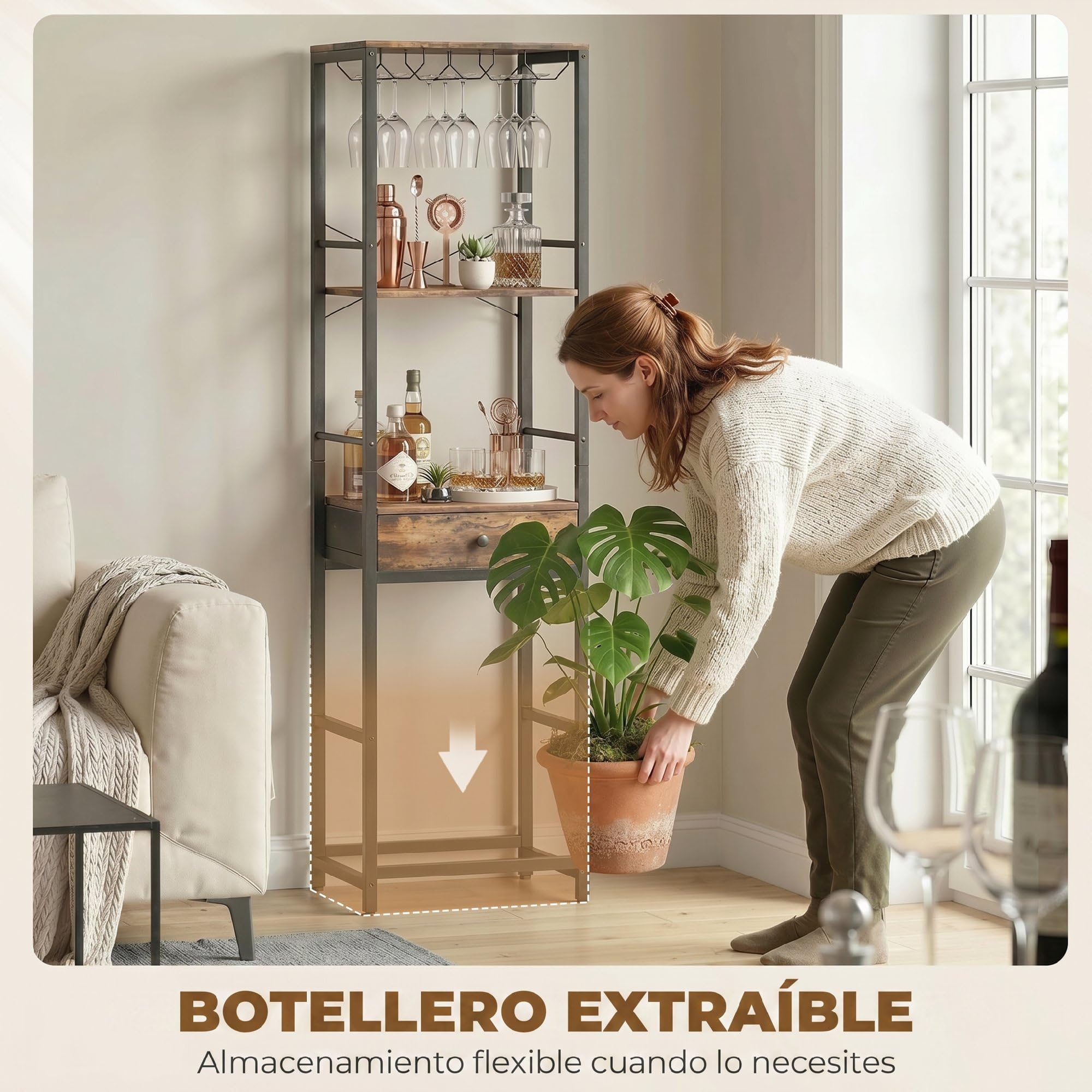HOMCOM Mueble de Bar para Vinos con Soporte de Copas y Cajón, Botellero para 12 Botellas, con Estante Abierto, Estilo Industrial, para Cocina, Comedor, Bar, 40x30x148 cm, Marrón Rústico