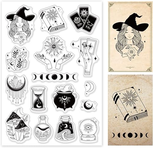 PH PandaHall Sello transparente de tarot, sello de silicona con diseño de bruja de luna, sellos de goma transparentes para hacer tarjetas,