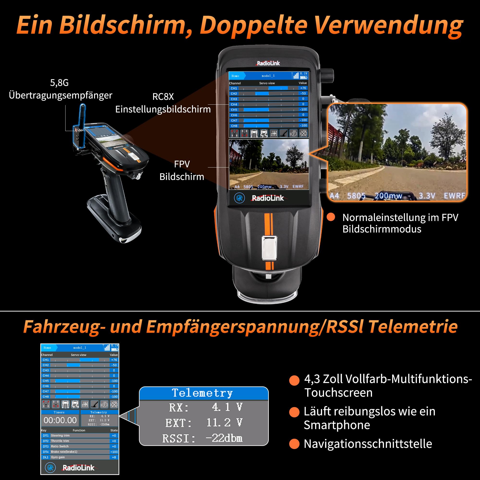 Radiolink RC8X Smart RC Fernsteuerung 8 Kanäle mit wasserdichtem Gyro-Empfänger R8FG 4,3" Bildschirm 200 Modellspeicher RC Fernbedienung Sender für Crawler Bagger Panzer Boot