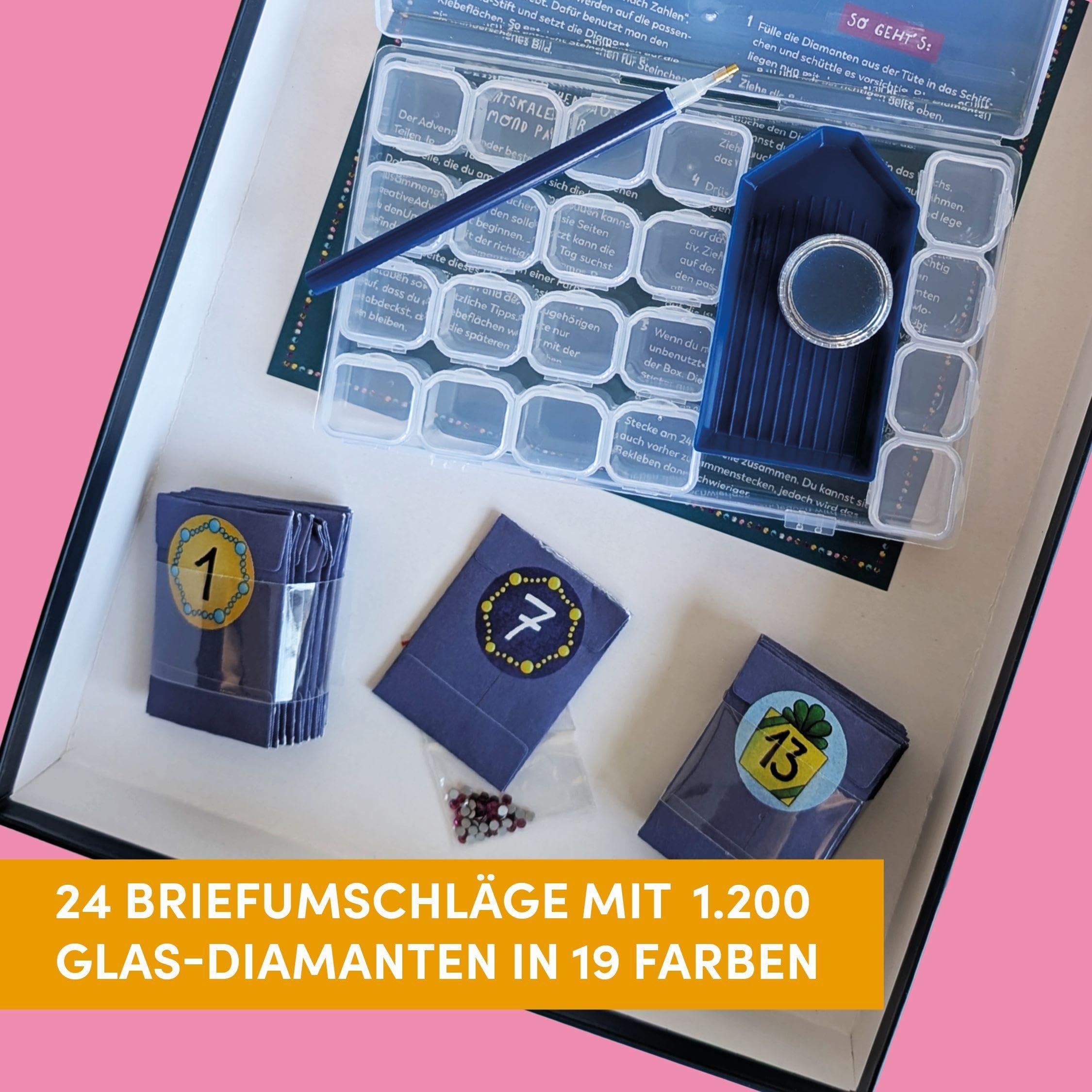 Diamond Painting Adventskalender Lebkuchenhaus. Mit Material und Werkzeug: 3D-Lebkuchenhaus, 1.200 Glas-Diamanten (19 Farben), Diamond Pen, Steinschiffchen, Wachs, Box