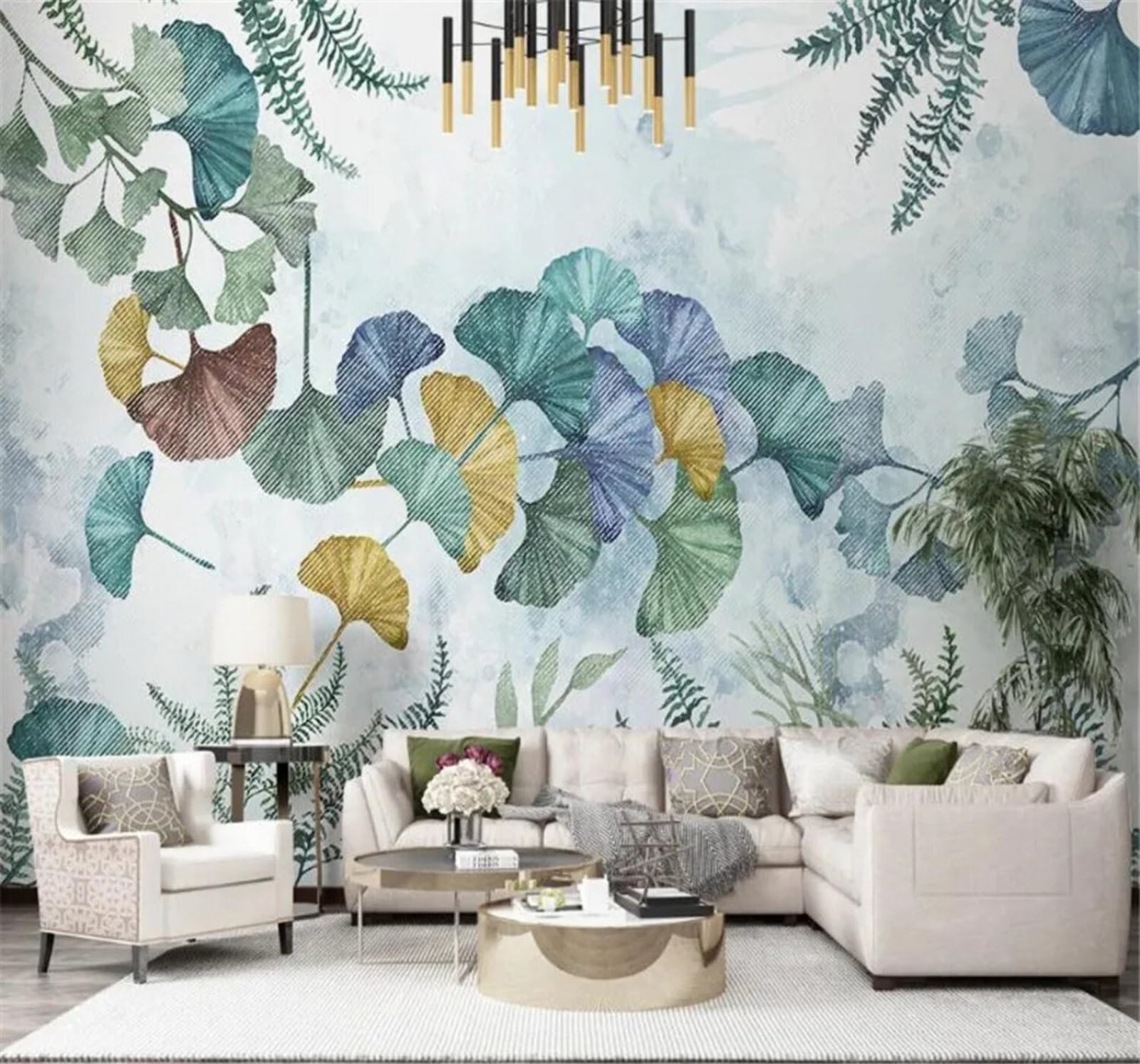 Tzxztt Fresh and Minimalist Plants Ginkgo Leaves Hand Drawn Modern 3D Wallpaper Premium Textured Silk Neutral Tones Material Ideal for Living Room Bedroom-430cm×300cm